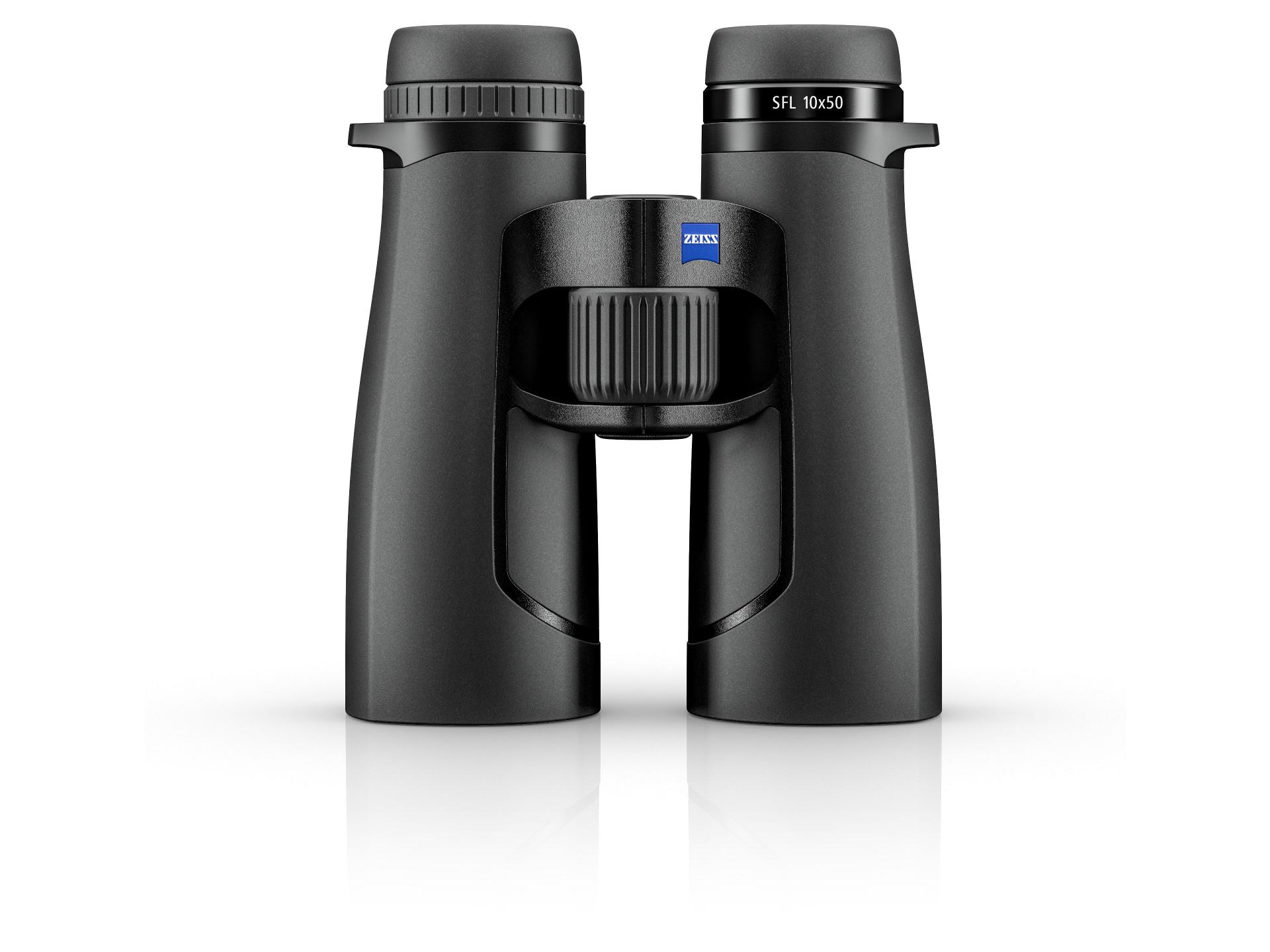 Black ZEISS SFL 10x50 binoculars shown from the front on a white background.