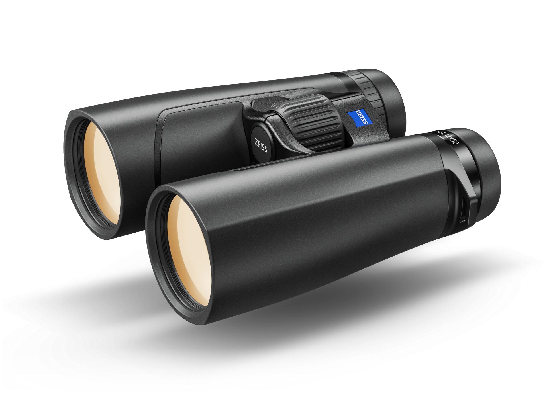 Black ZEISS binoculars with a sleek, ergonomic design and amber-coated objective lenses.