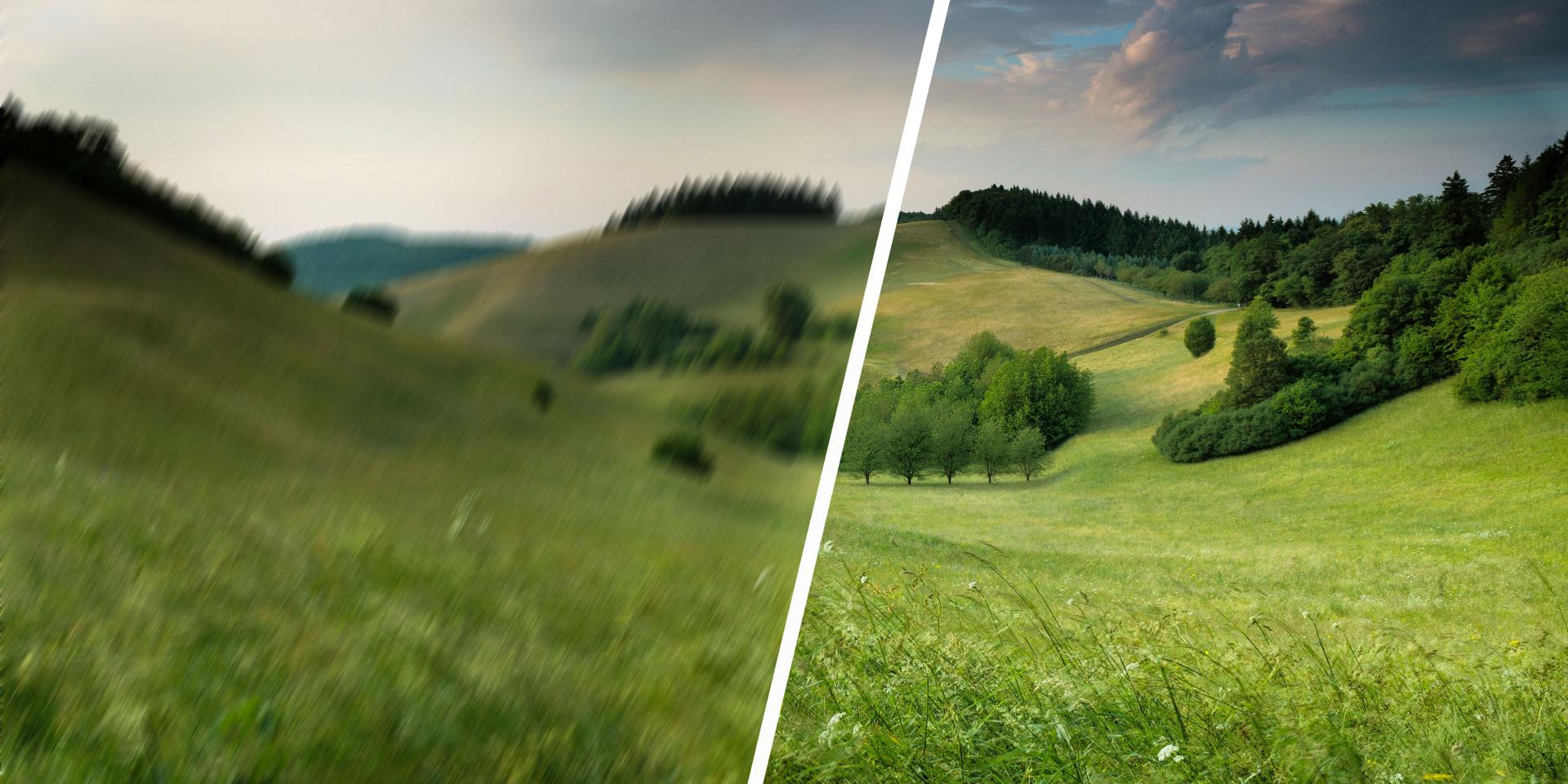 A scenic landscape of rolling green hills with a diagonal split showing a visual comparison of image clarity, representing ZEISS optical quality.