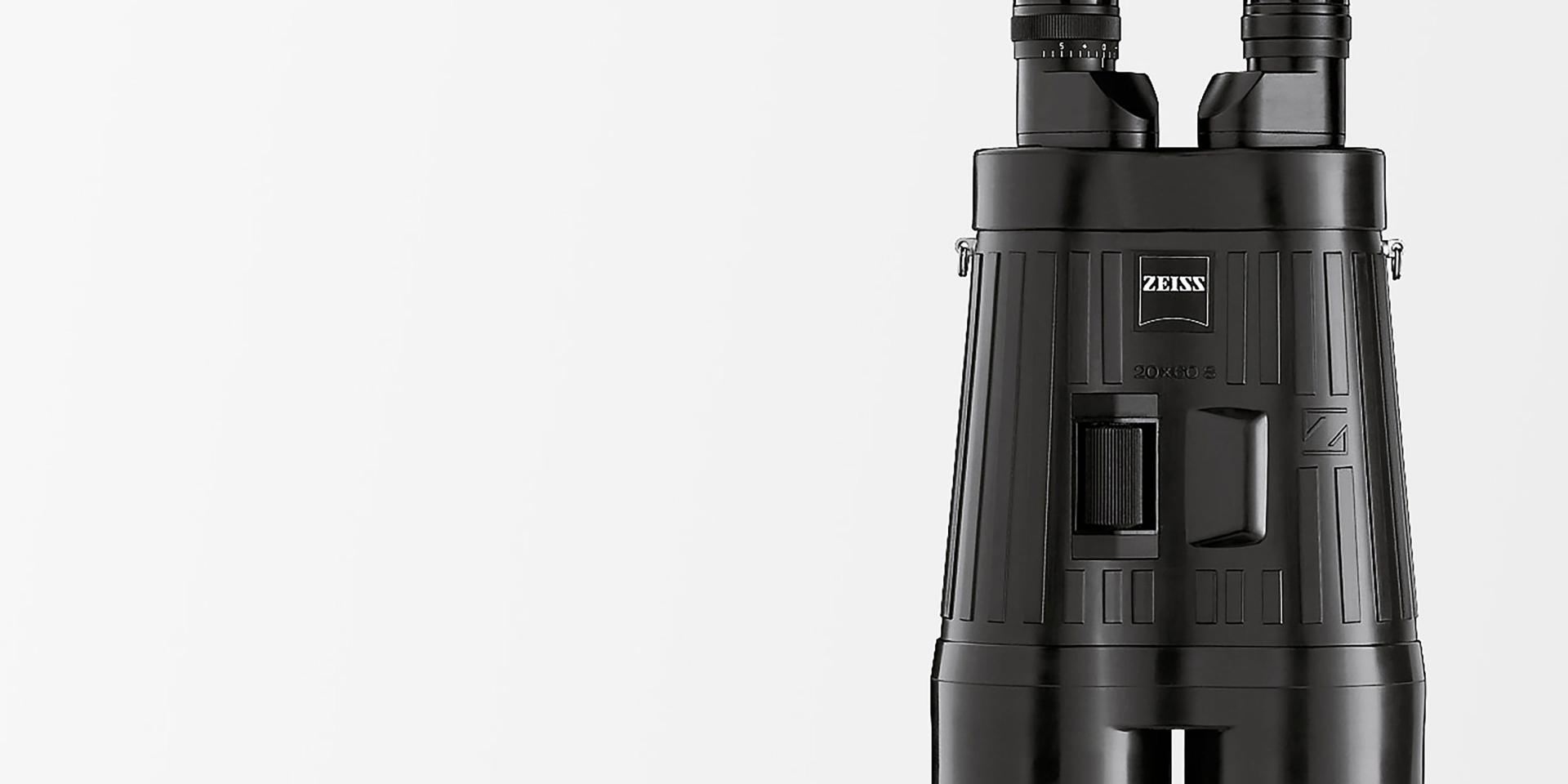 Black ZEISS binoculars displayed upright against a white background.