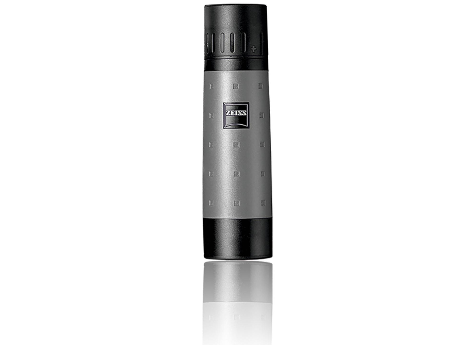 Compact ZEISS monocular with a silver-gray textured body, black top and bottom, and the ZEISS logo centered on the front.