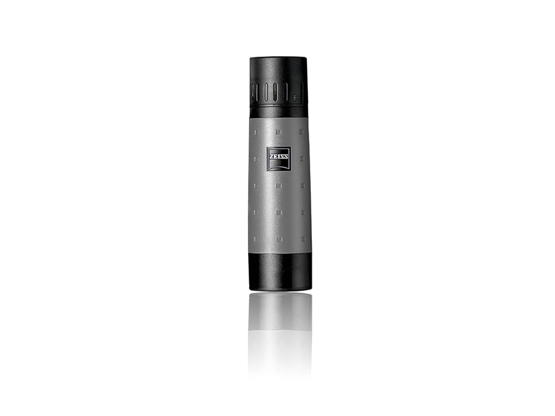 Compact ZEISS monocular with a silver-gray textured body, black top and bottom, and the ZEISS logo centered on the front.