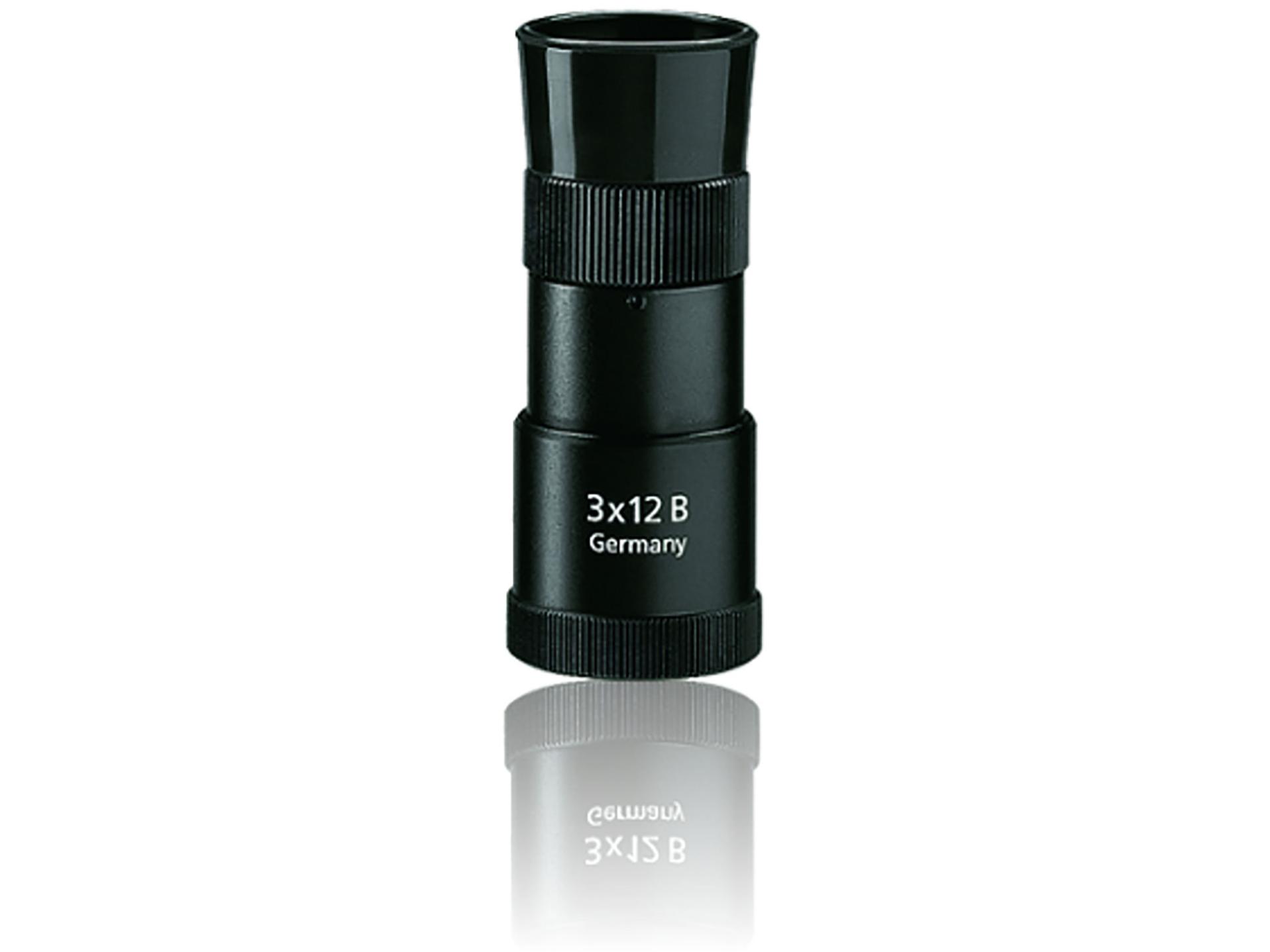 Black ZEISS 3x12B monocular with a glossy finish, standing upright on a white reflective surface.