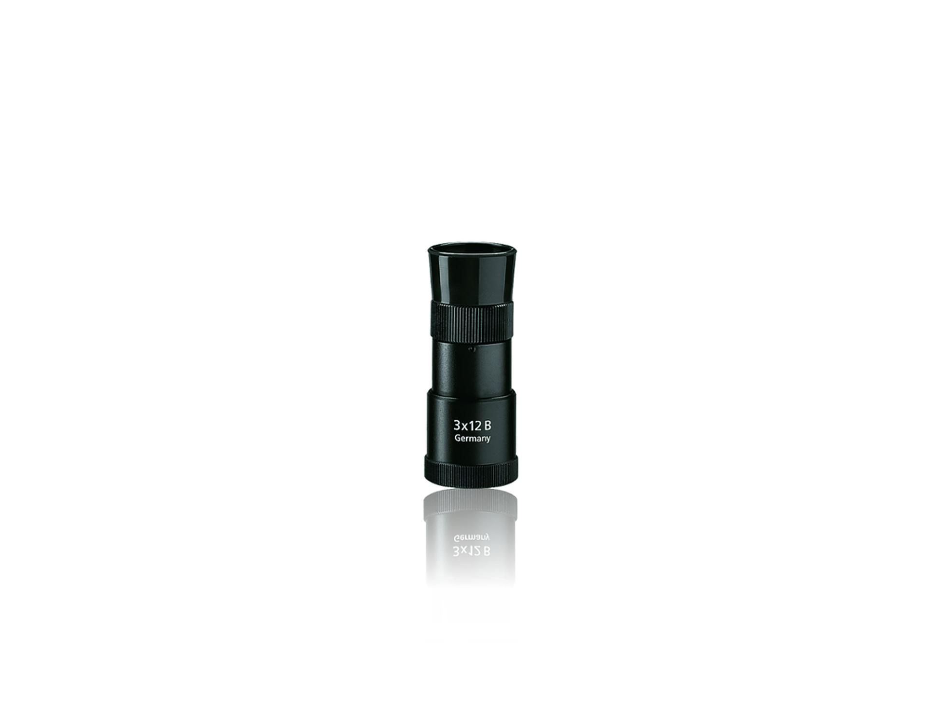 Black ZEISS 3x12B monocular with a glossy finish, standing upright on a white reflective surface.