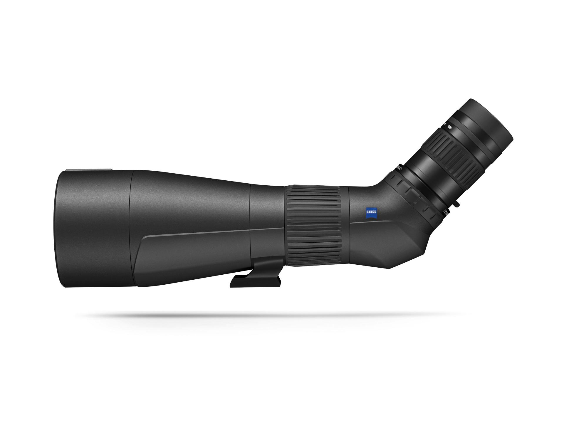 Black ZEISS spotting scope with angled eyepiece shown in a side profile view on a white background.