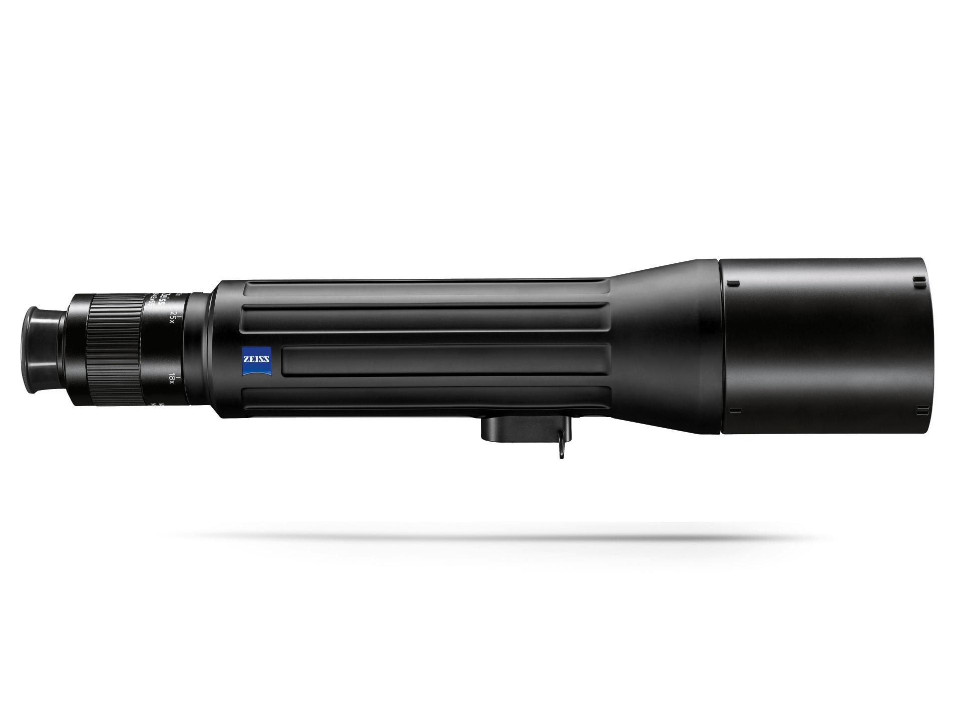 Side view of a black ZEISS spotting scope with a sleek, cylindrical design and textured focusing ring.