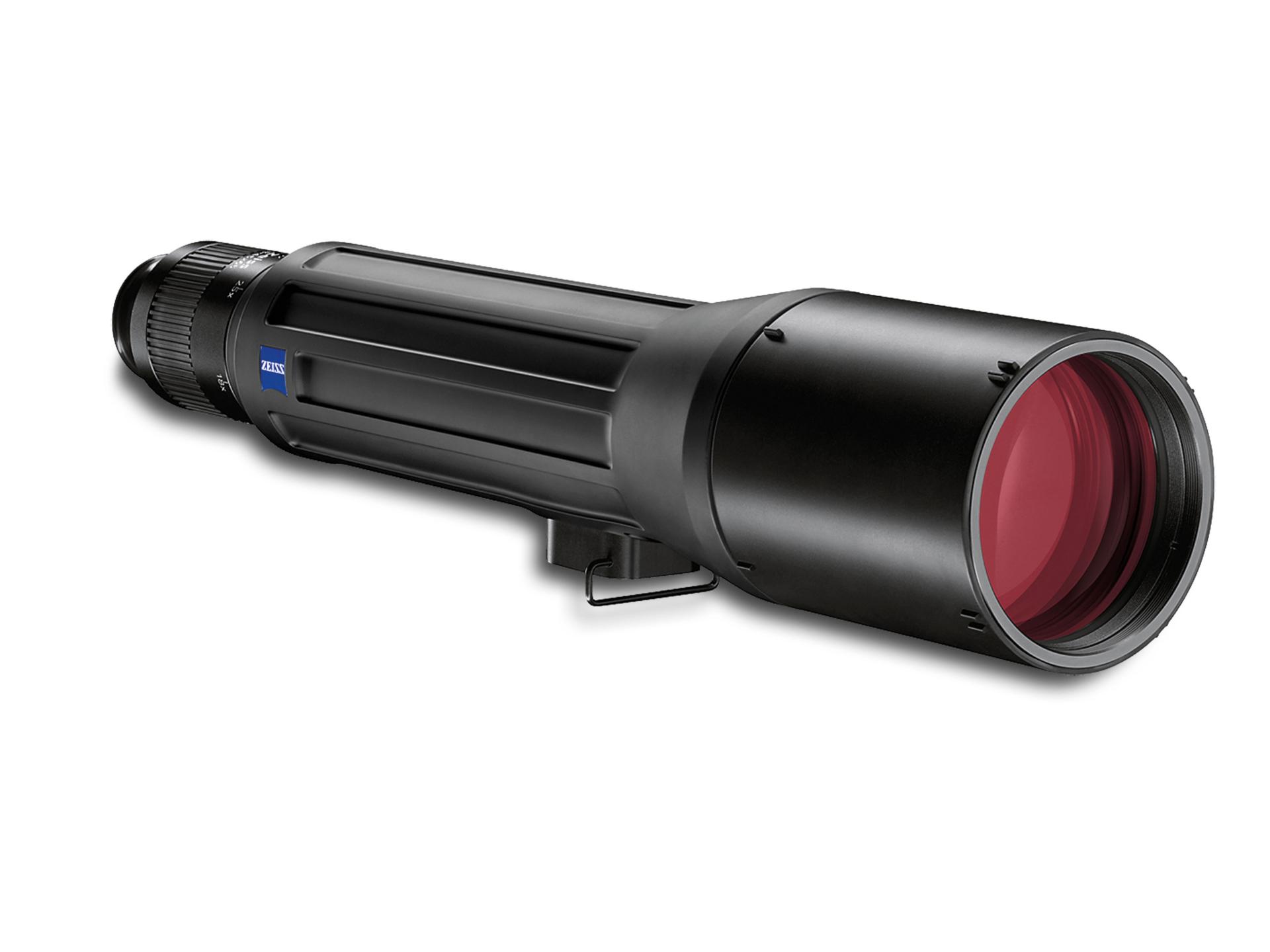 Black ZEISS spotting scope with a red-tinted objective lens, viewed at an angle on a white background.