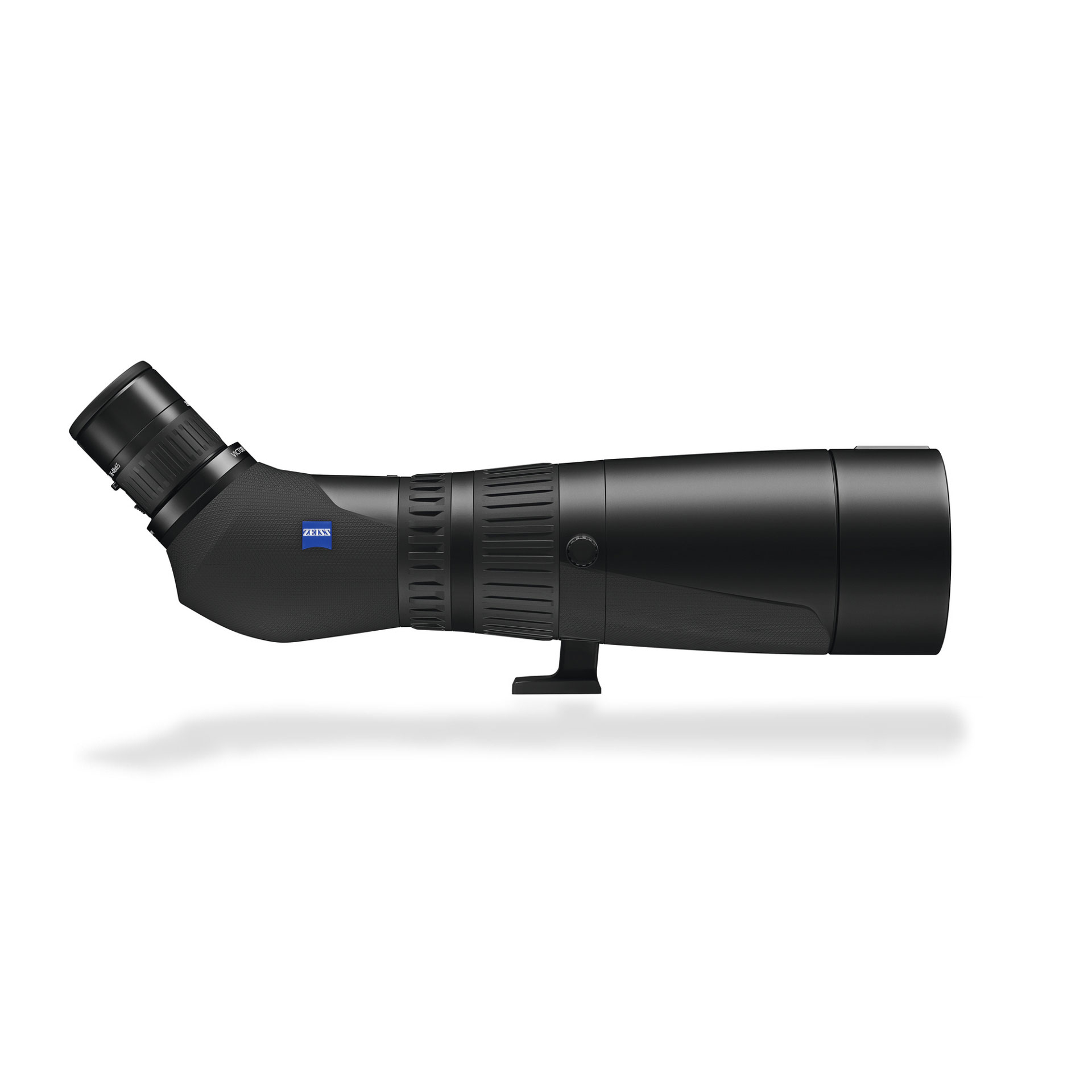 Side view of a black ZEISS spotting scope with an angled eyepiece and integrated mounting foot.