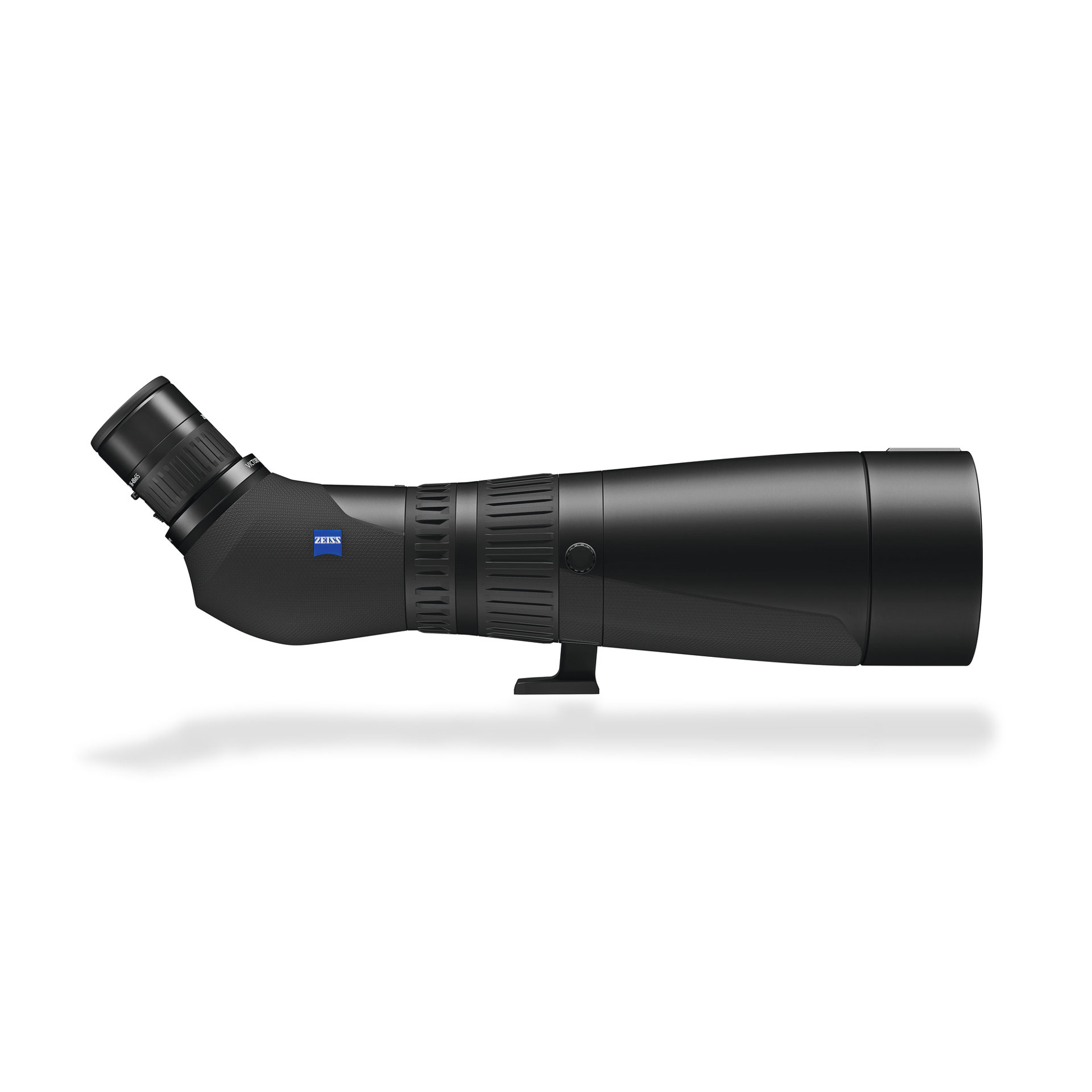 Side view of a black ZEISS spotting scope with an angled eyepiece and a mounting bracket.