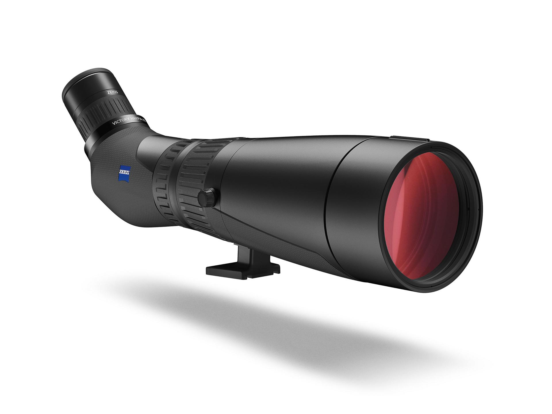 Angled black ZEISS spotting scope with a large red-tinted objective lens and a side-mounted eyepiece.