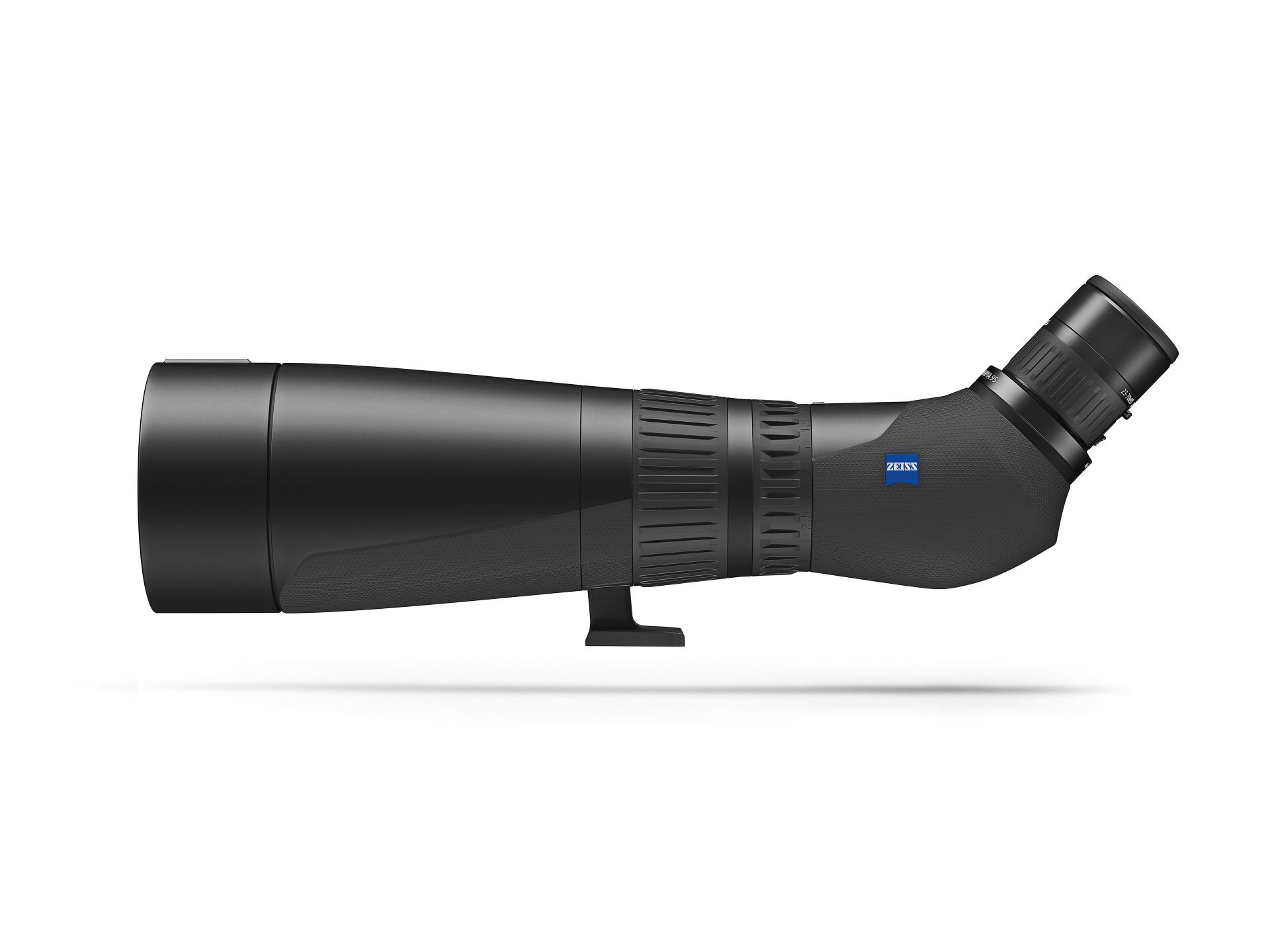 Side view of a black ZEISS spotting scope with an angled eyepiece and the ZEISS logo on the body.