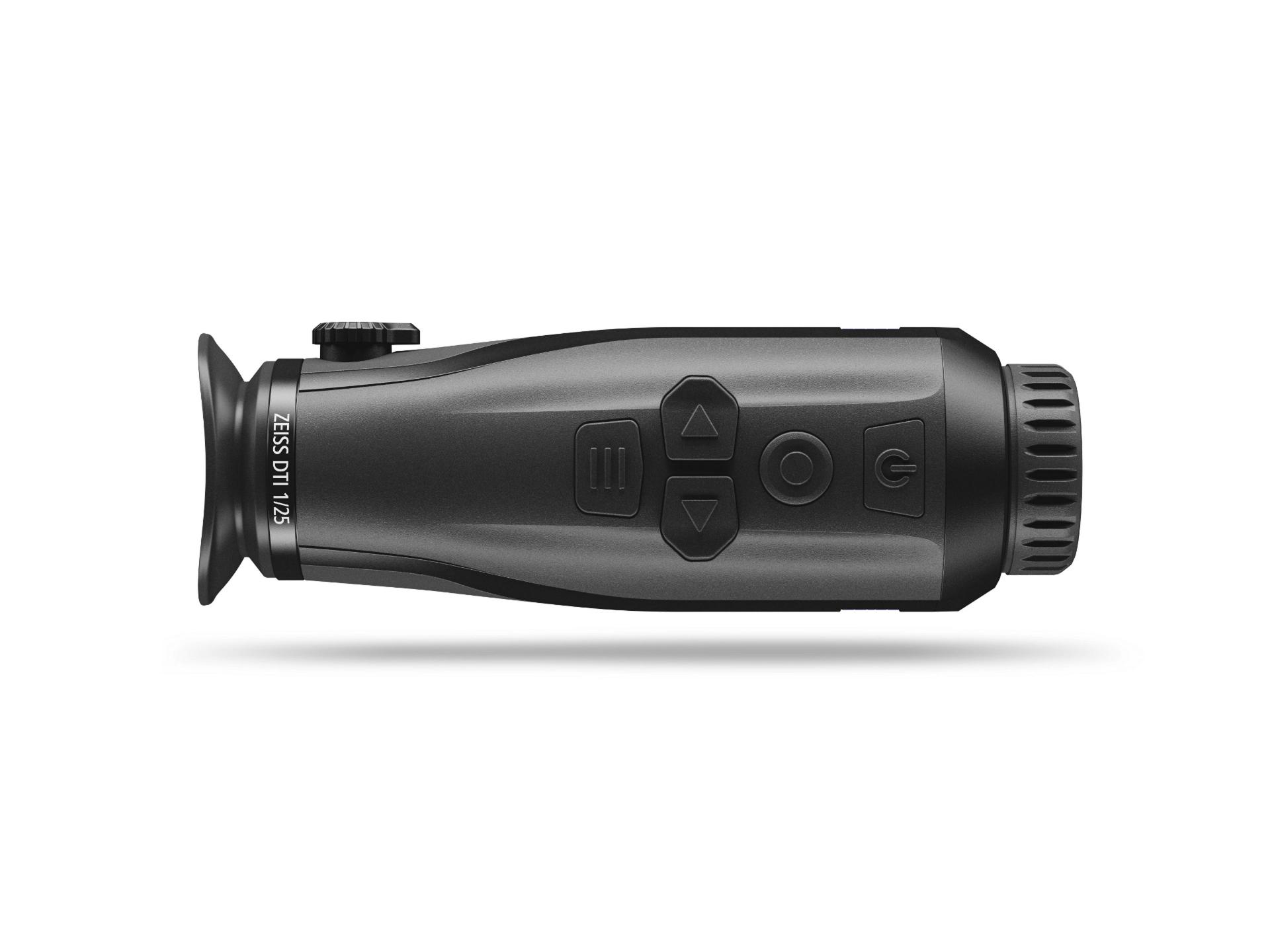 Side view of a black ZEISS thermal imaging monocular with control buttons and an eyepiece.