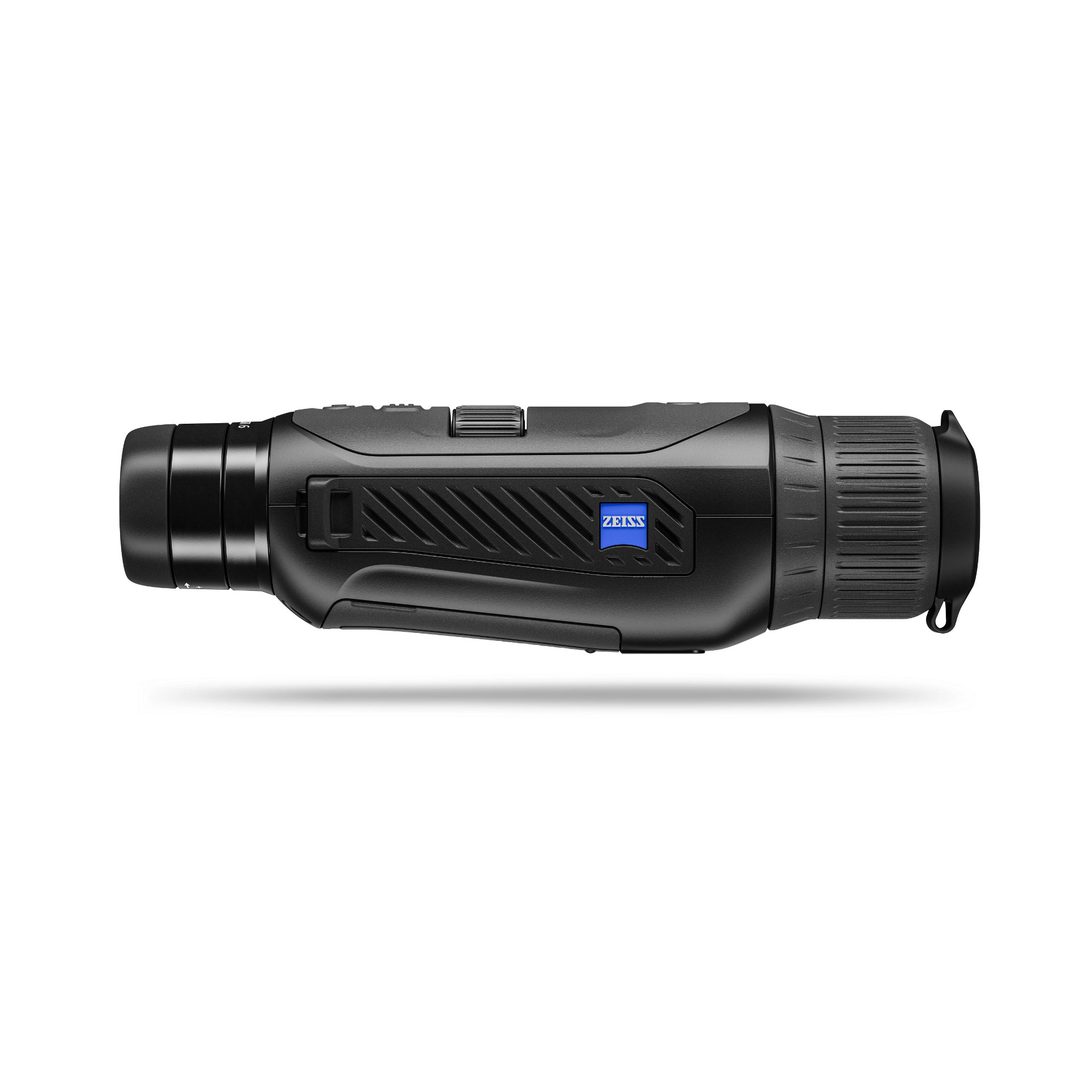 Side view of a black ZEISS thermal imaging monocular with textured grip and ZEISS logo.