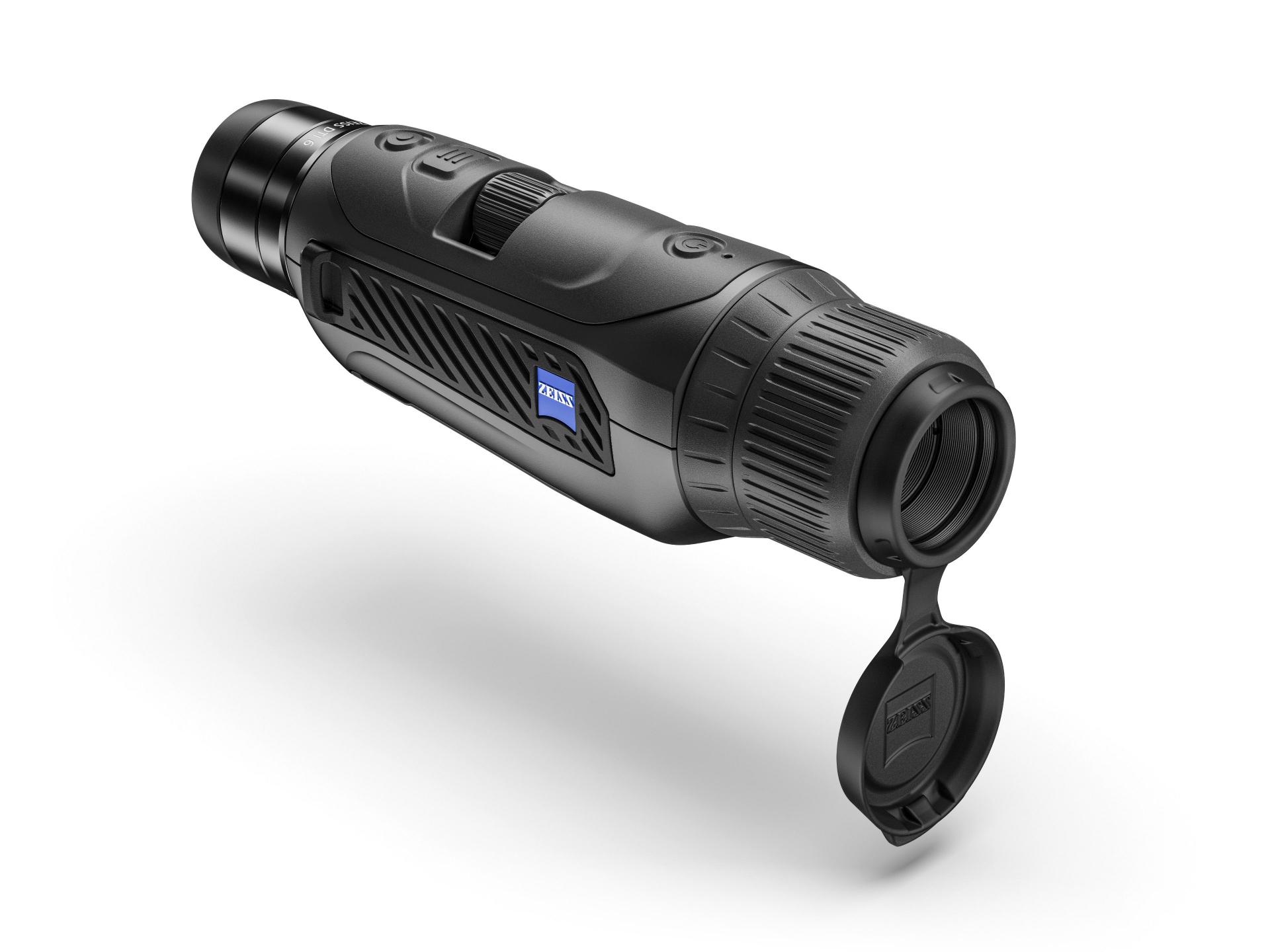 Black ZEISS thermal imaging monocular with a textured grip, control buttons on top, and an open lens cover.