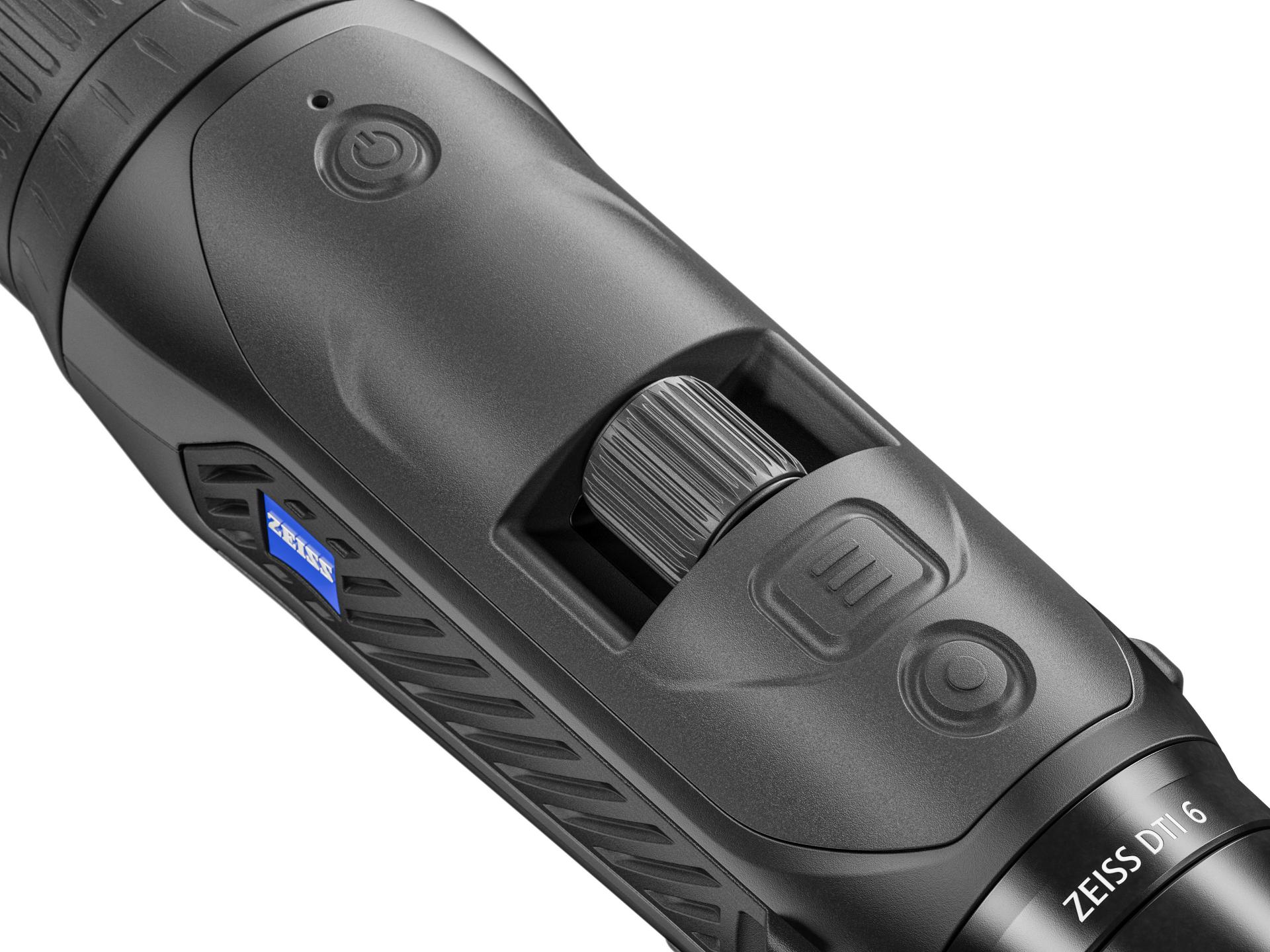 Close-up view of the control panel and branding on the ZEISS DTI 6 thermal imaging monocular.