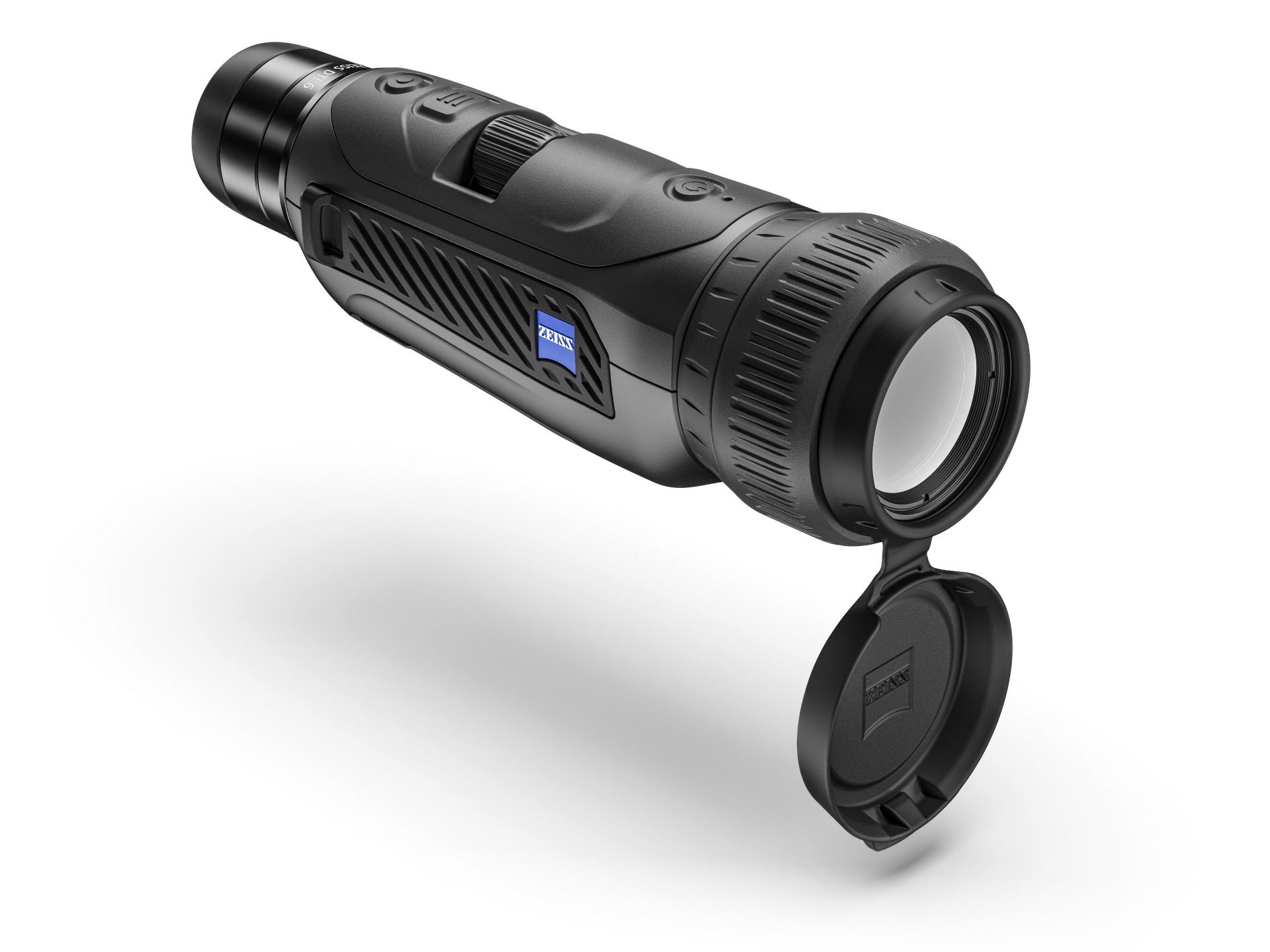 Black ZEISS thermal imaging monocular with a textured grip, lens cap open, and ZEISS logo visible on the side.