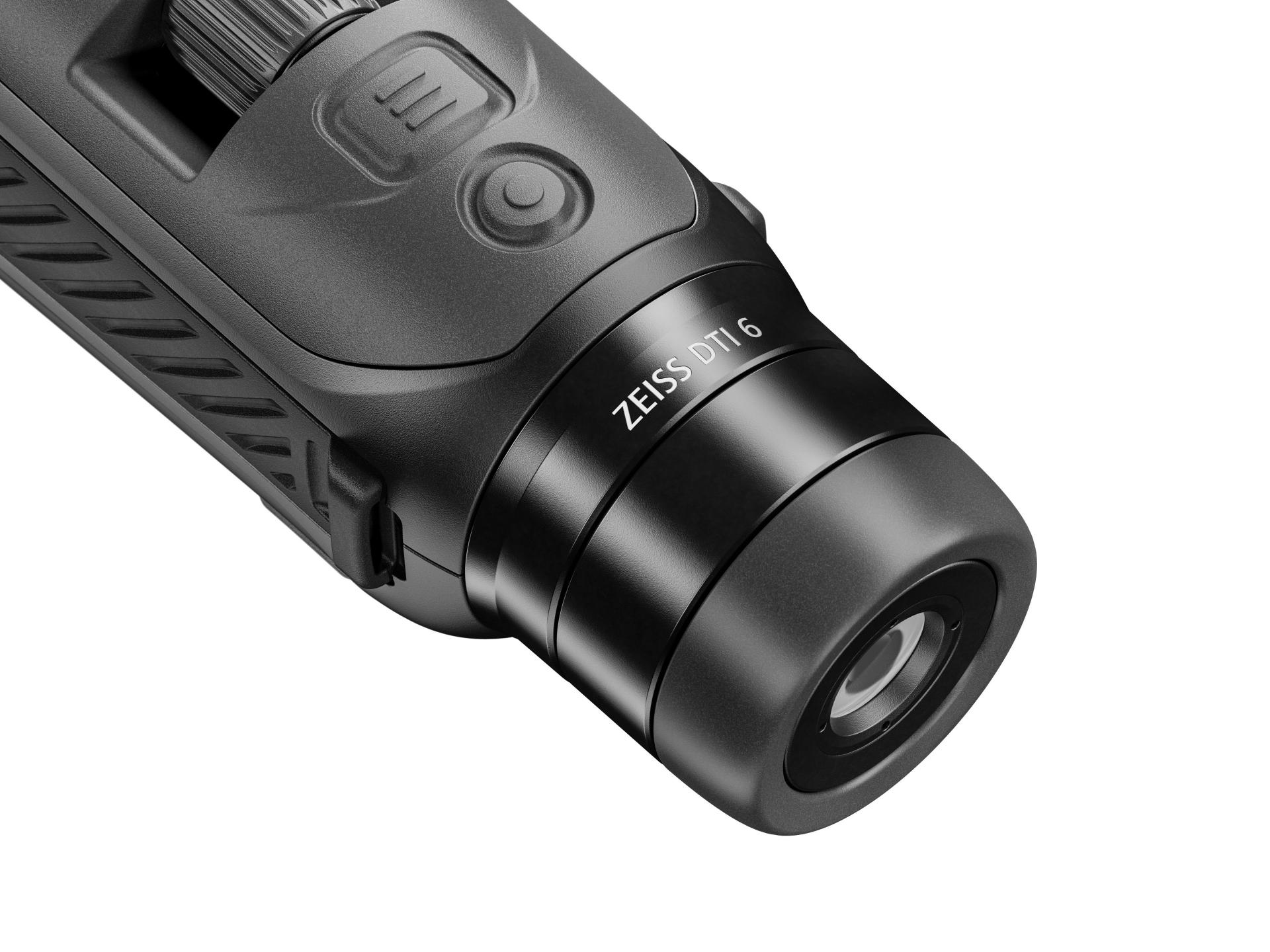 Close-up view of the lens and control buttons on a ZEISS DTI 6 thermal imaging monocular.