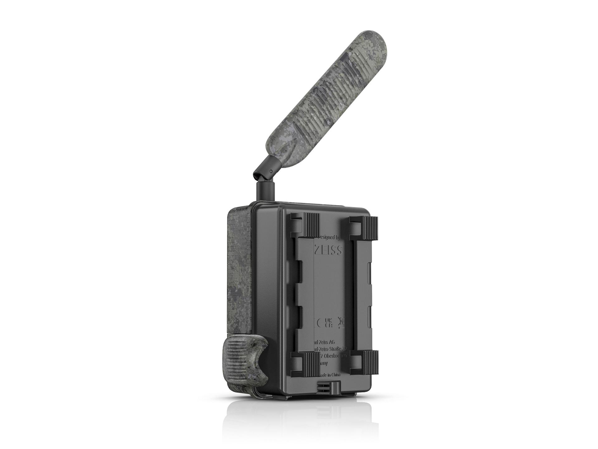 Compact ZEISS trail camera device with a rugged camouflaged antenna and textured casing, shown from the back.