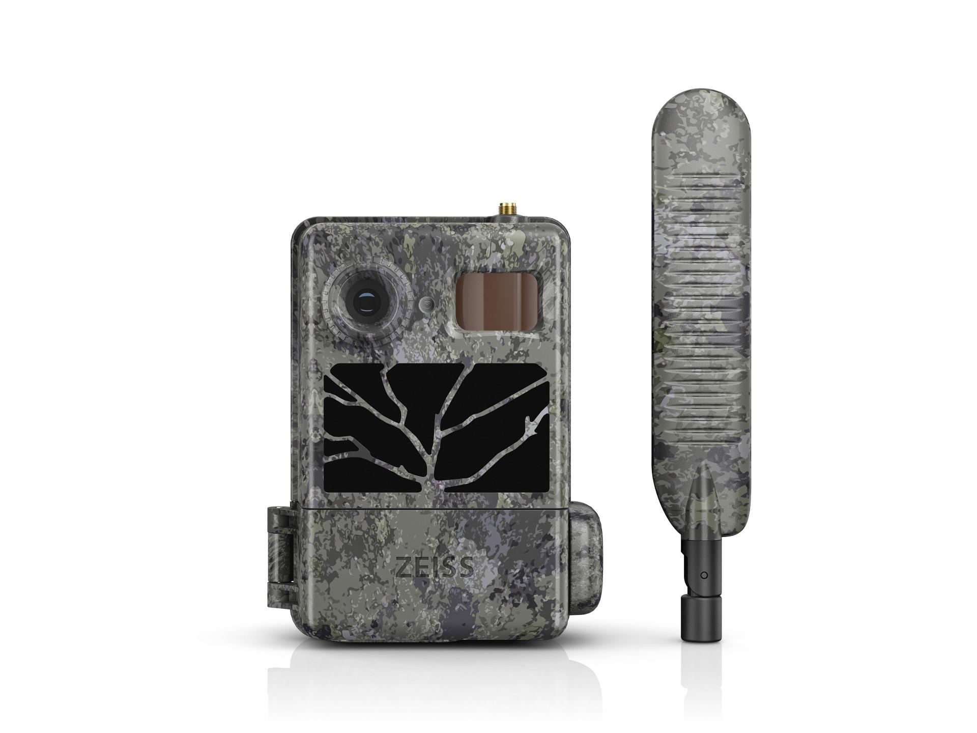 Camouflage-patterned ZEISS trail camera with external antenna attachment, shown in a front-facing view.