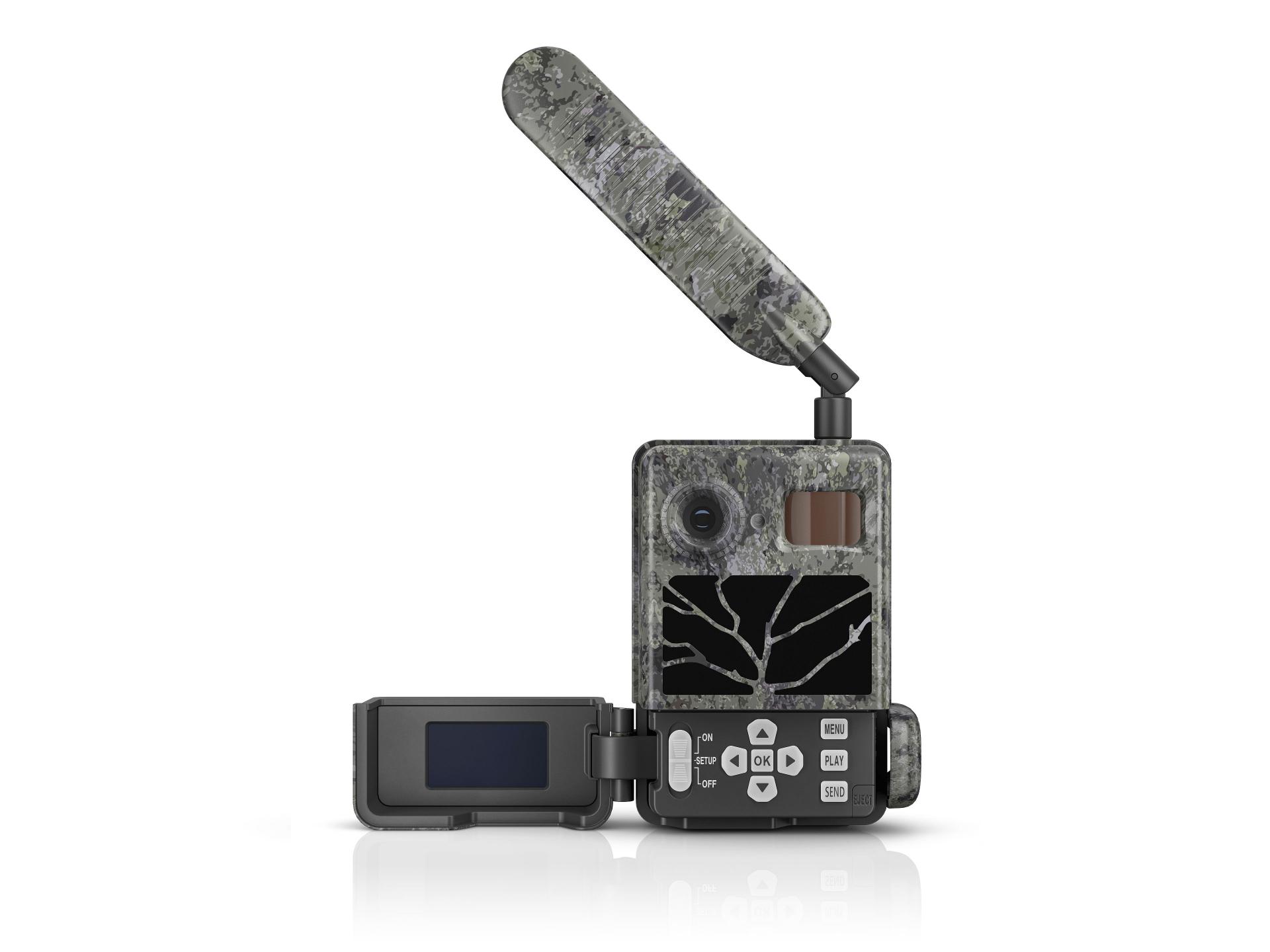 Camouflage-patterned ZEISS trail camera with an open side display screen, control buttons, lens, sensor, and extended antenna.