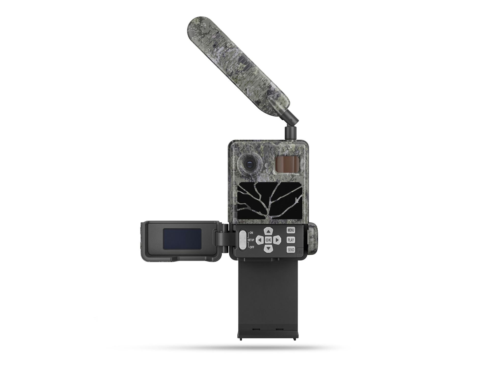 Trail camera with camouflage design featuring an antenna, lens, sensor, control panel with buttons, and a side screen, displayed against a white background.