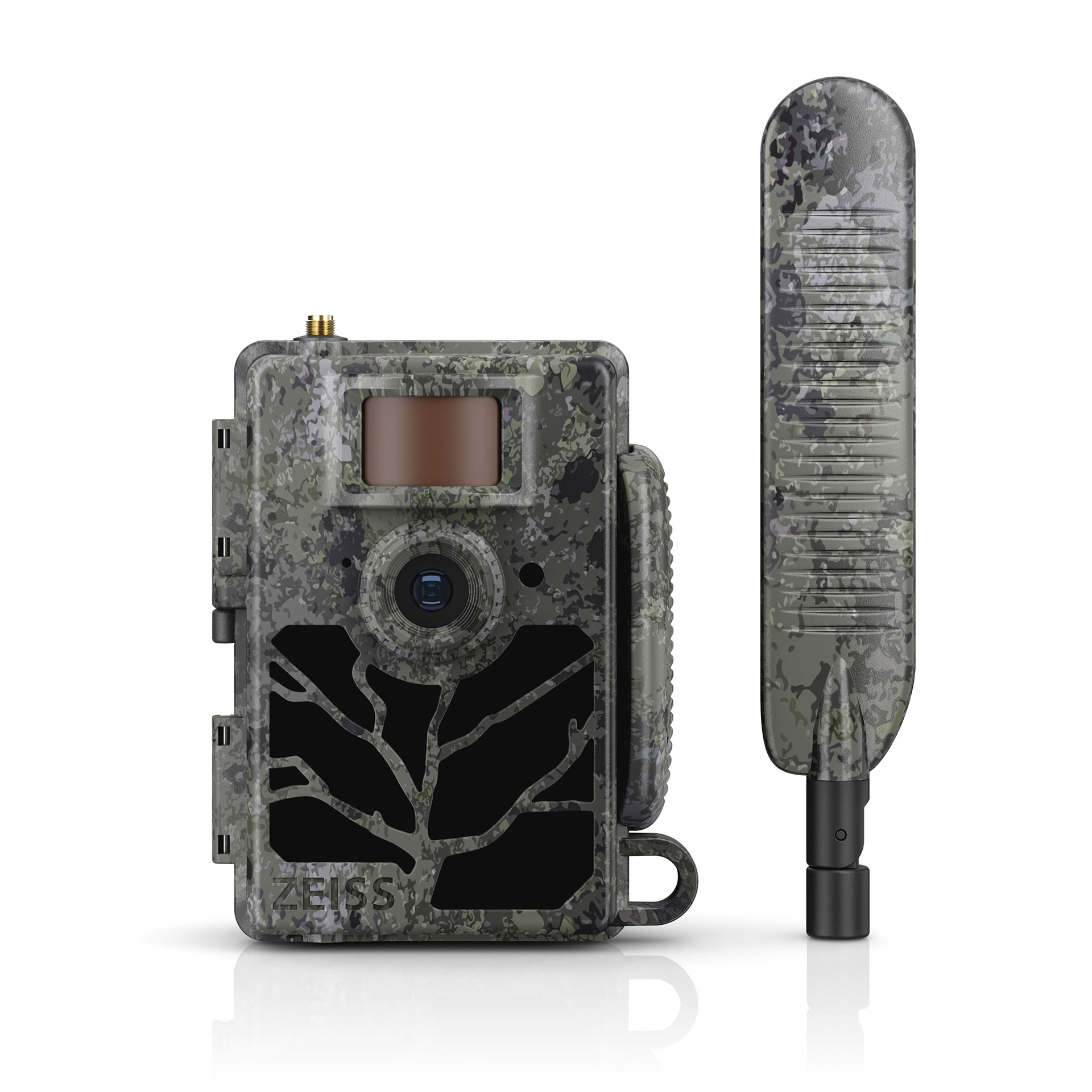 Camouflaged ZEISS trail camera with tree-branch design next to a matching external antenna.