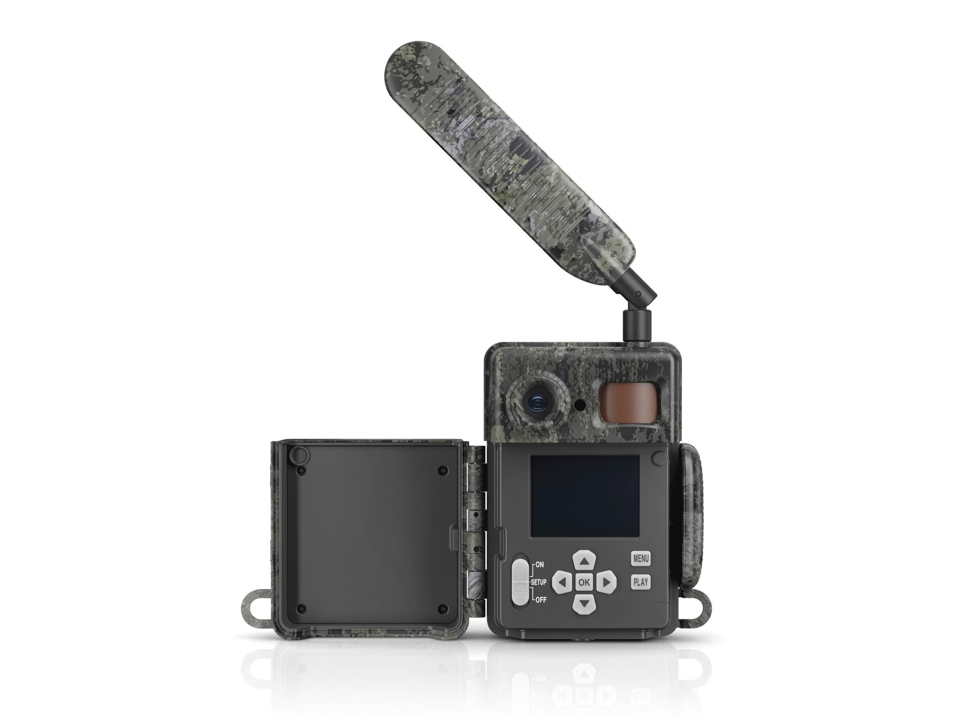 Camouflaged ZEISS trail camera with an open side compartment, control buttons, display screen, and an extended antenna.