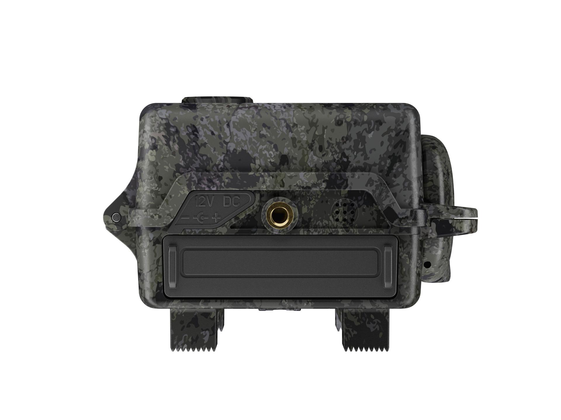 Rear view of a ZEISS trail camera in a dark camouflage design, showing the battery compartment and mounting interface.