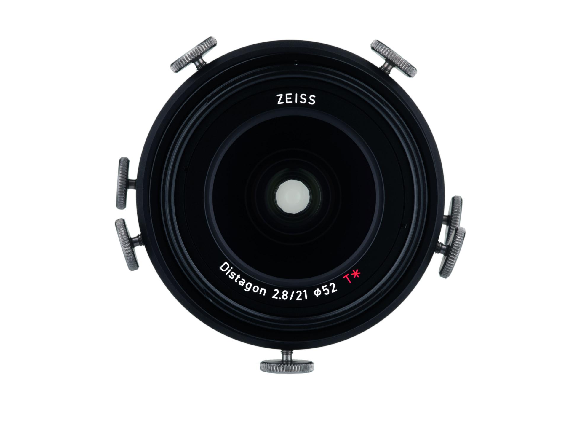 Front view of a ZEISS Distagon 2.8/21 camera lens with adjustment knobs around the outer edge.