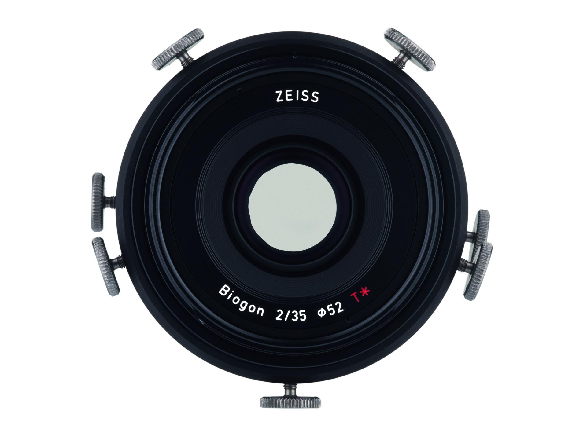Front view of a ZEISS Biogon 2/35 camera lens with adjustment knobs around the perimeter.