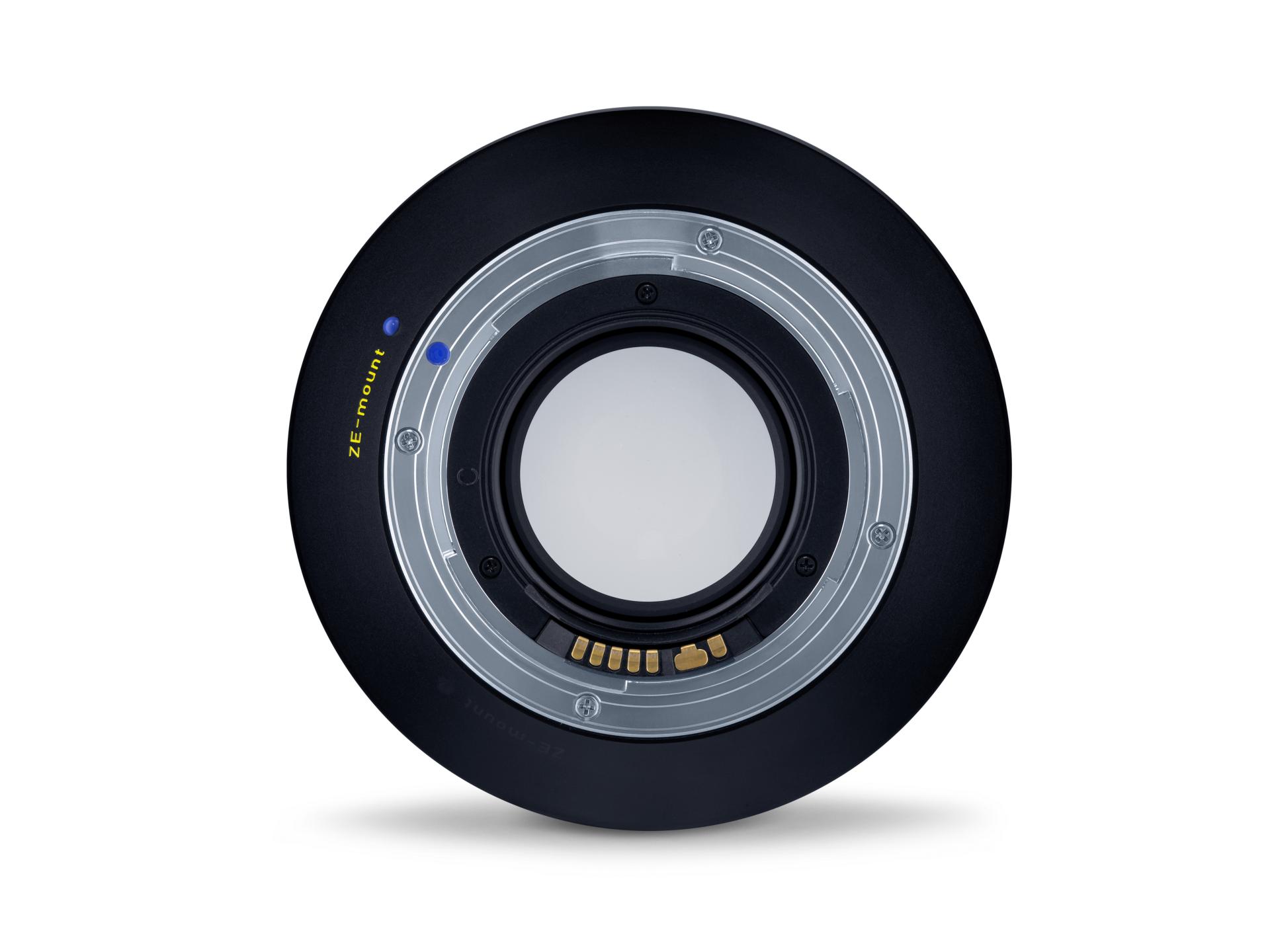 Close-up view of the rear mount of a ZEISS camera lens with electronic contacts and a ZF.2 mount label.