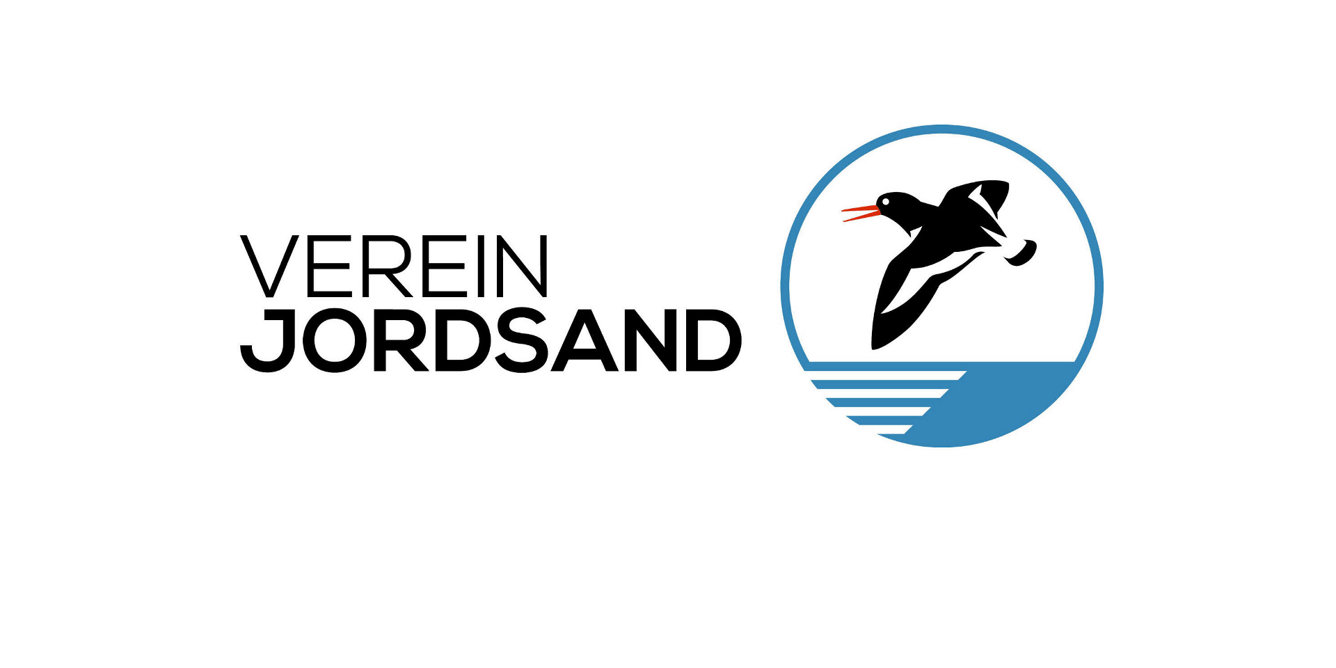 Logo of Verein Jordsand featuring a stylized black bird flying over a calm blue sea, viewed through a circular lens.