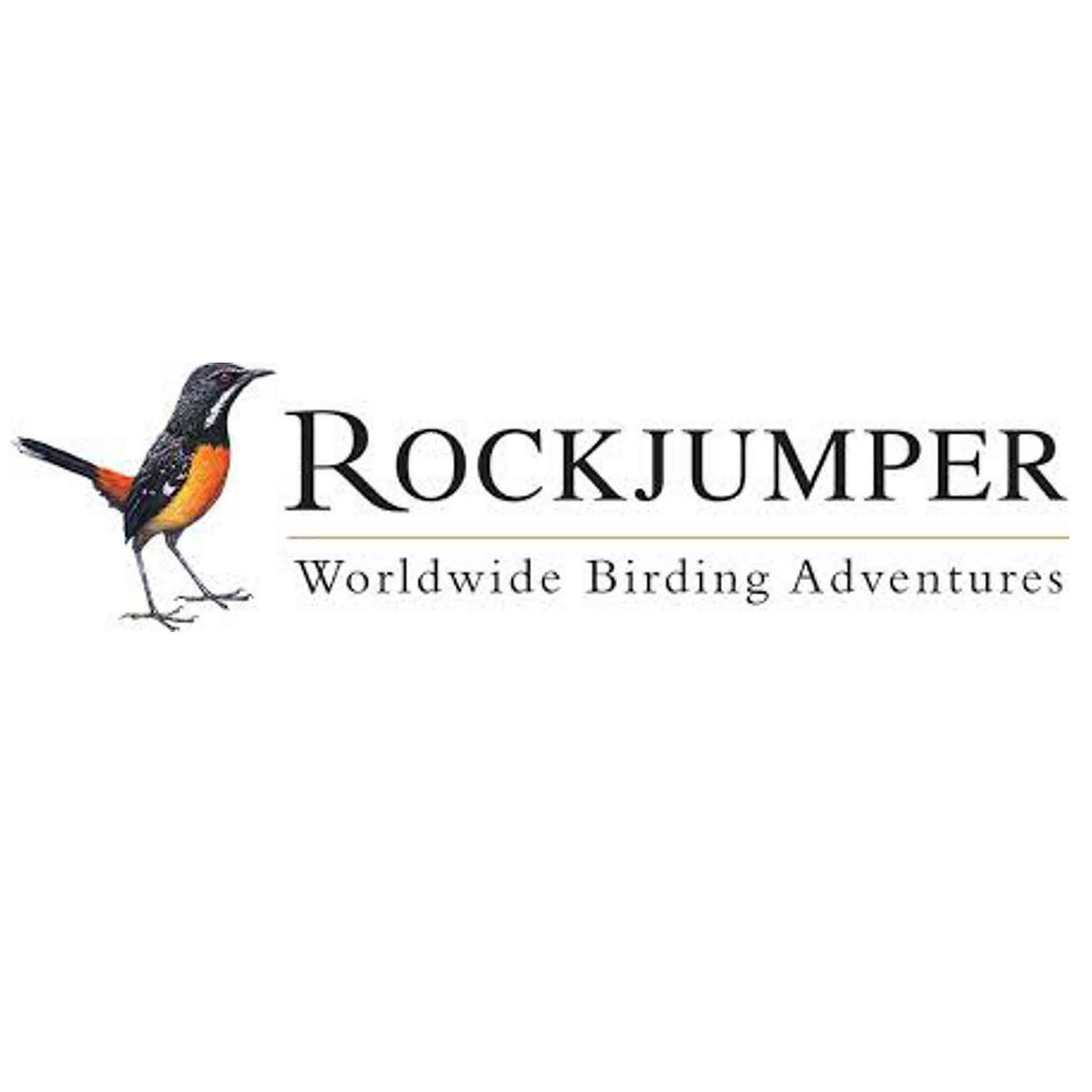 Logo for "Rockjumper Birding Tours" featuring a colorful bird next to the Claim.