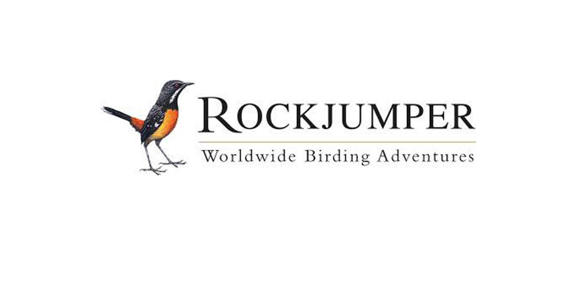 Logo for "Rockjumper Birding Tours" featuring a colorful bird next to the Claim.