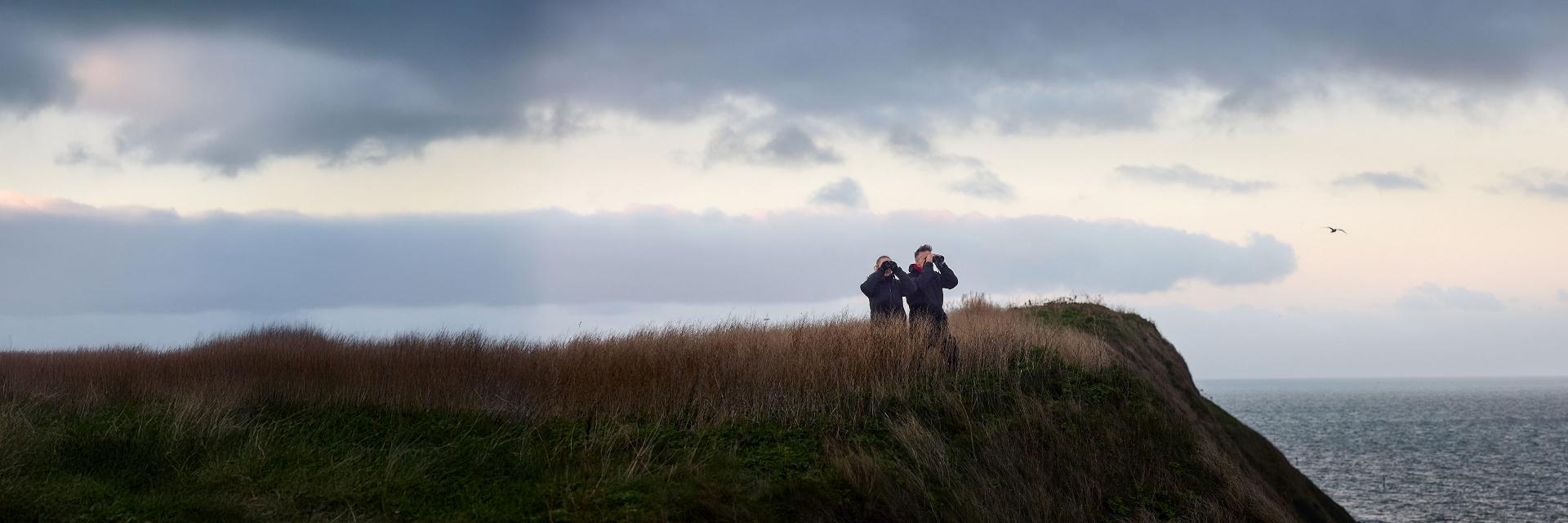 Two people stand on a grassy cliffside near the ocean, using ZEISS binoculars under a cloudy sky.