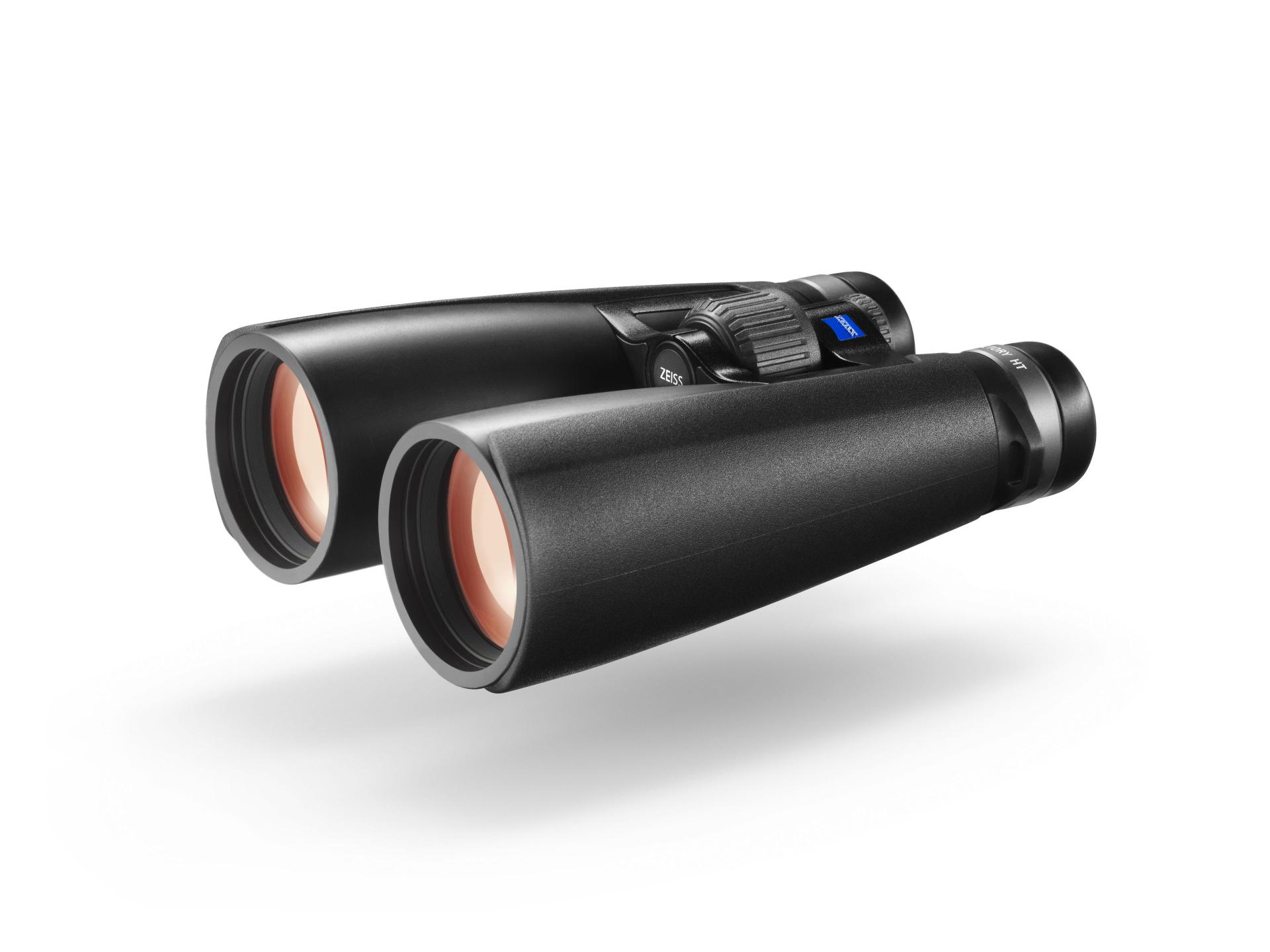 Black ZEISS binoculars with large objective lenses and textured focus wheel, displayed on a white background.