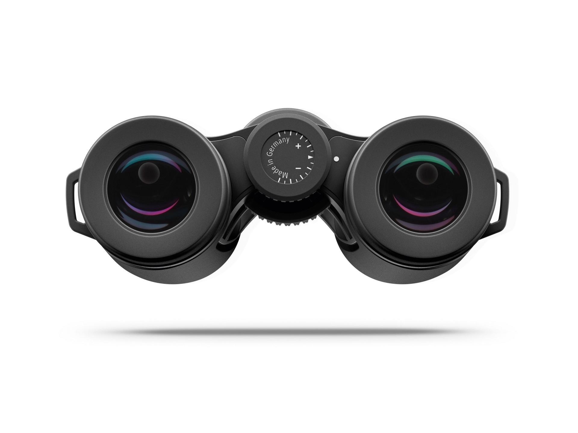 Front view of a pair of compact black ZEISS binoculars with dual lenses and a central focusing wheel.