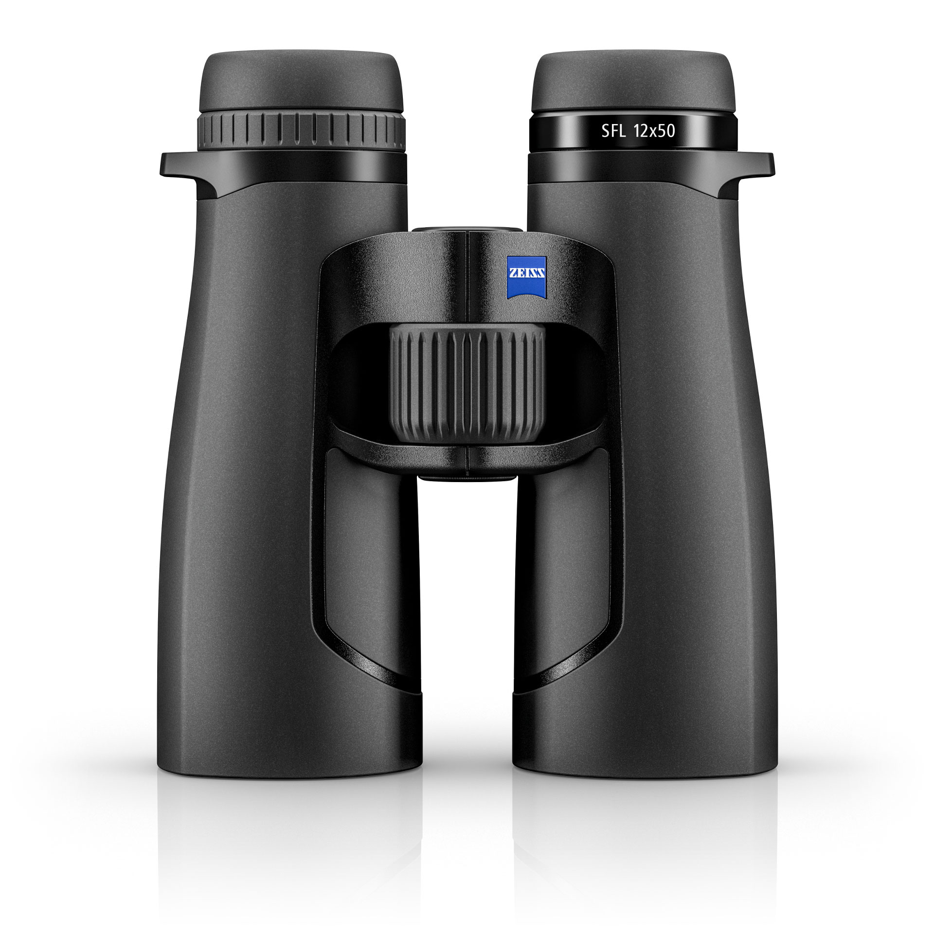 Black ZEISS SFL 12x50 binoculars shown from the front with the ZEISS logo visible on the central hinge.