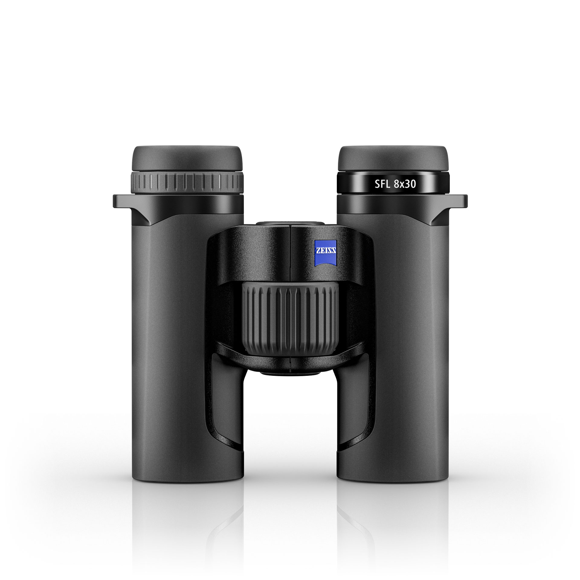 Black ZEISS SFL 8x30 binoculars with a central focusing wheel, displayed on a white background.