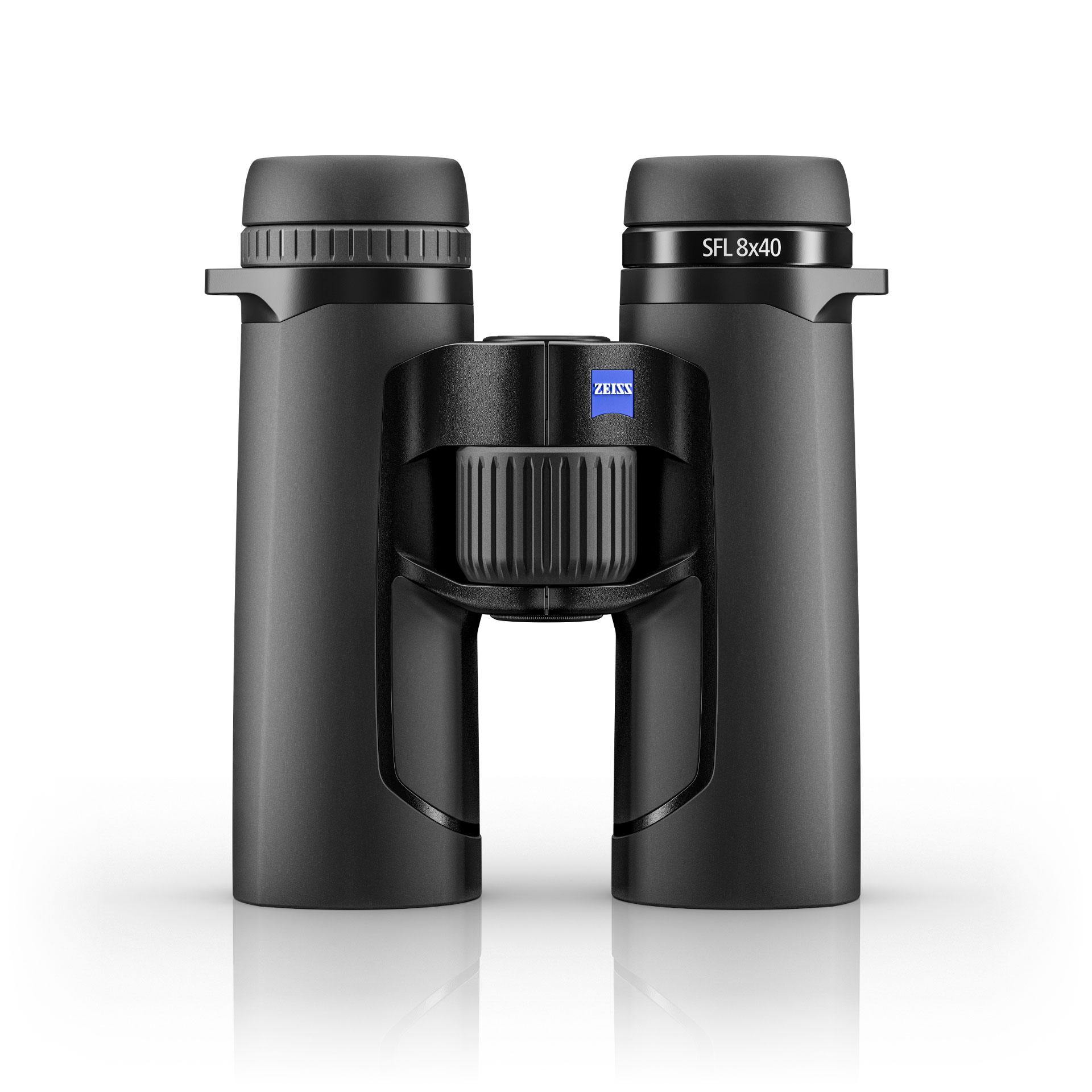Black ZEISS SFL 8x40 binoculars with a central focusing wheel and the ZEISS logo displayed on the bridge.