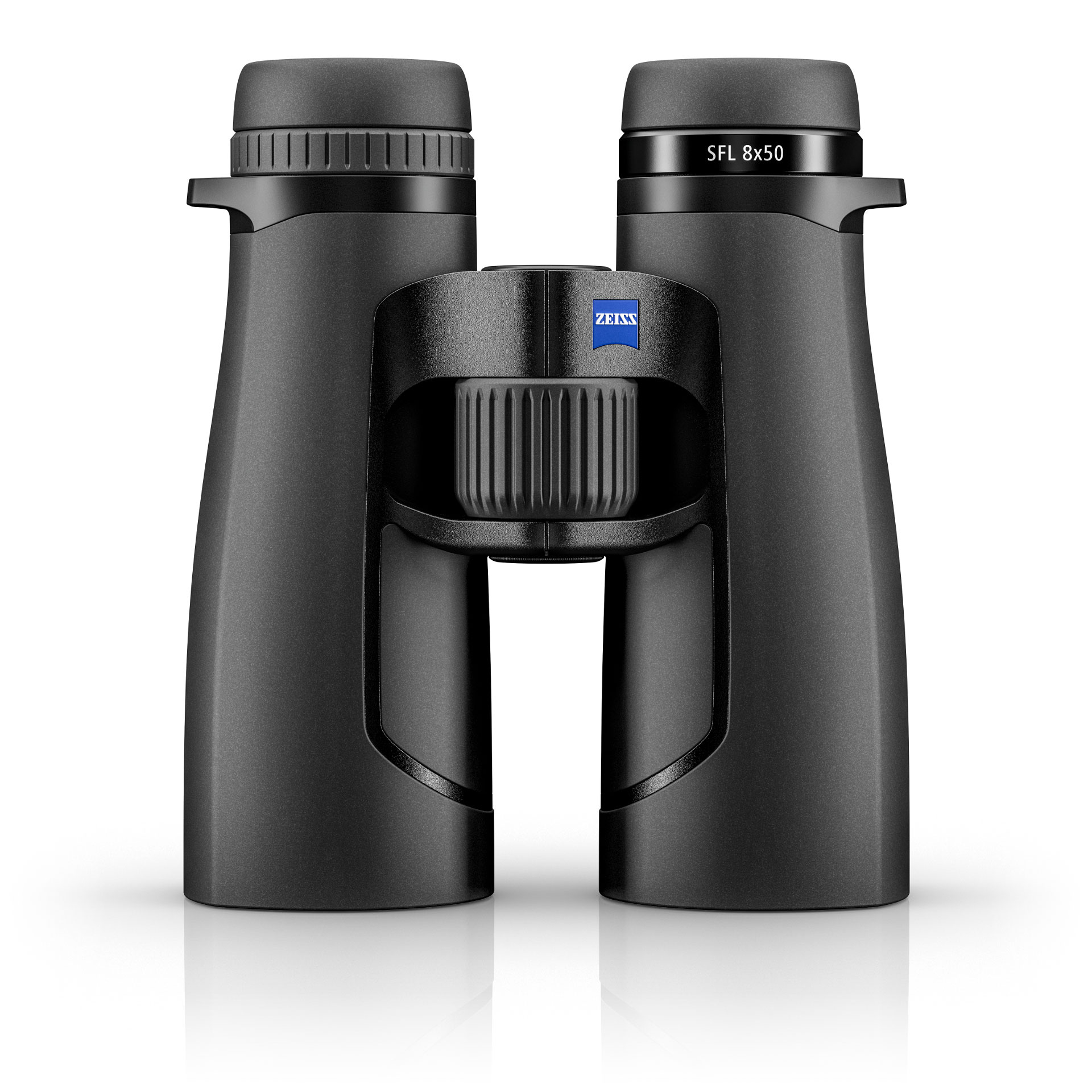 Black ZEISS SFL 8x50 binoculars with a central focusing wheel and ZEISS logo on the bridge, shown from the front.