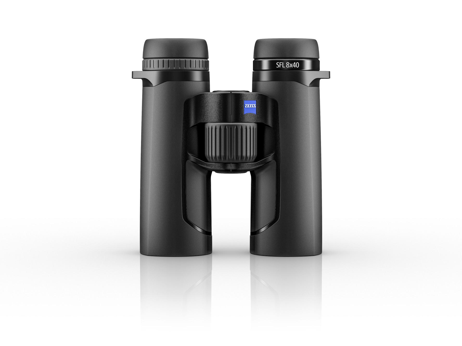 Black ZEISS SFL 8x40 binoculars with a central focus wheel, displayed against a white background.