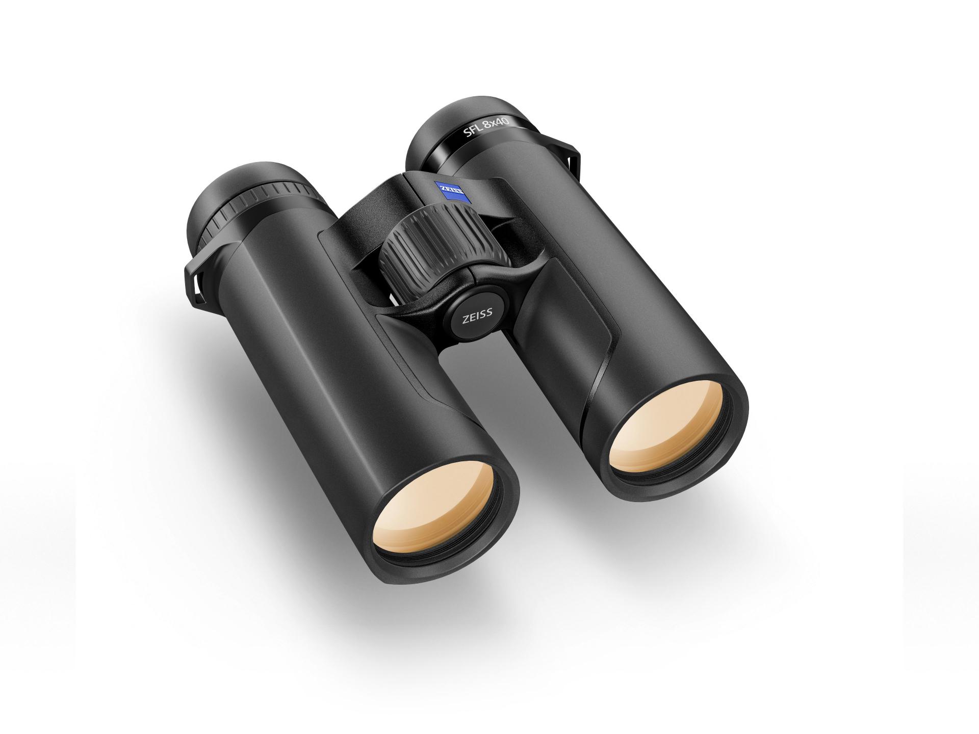 Black ZEISS binoculars with a central focusing wheel and orange-tinted objective lenses, displayed on a white background.