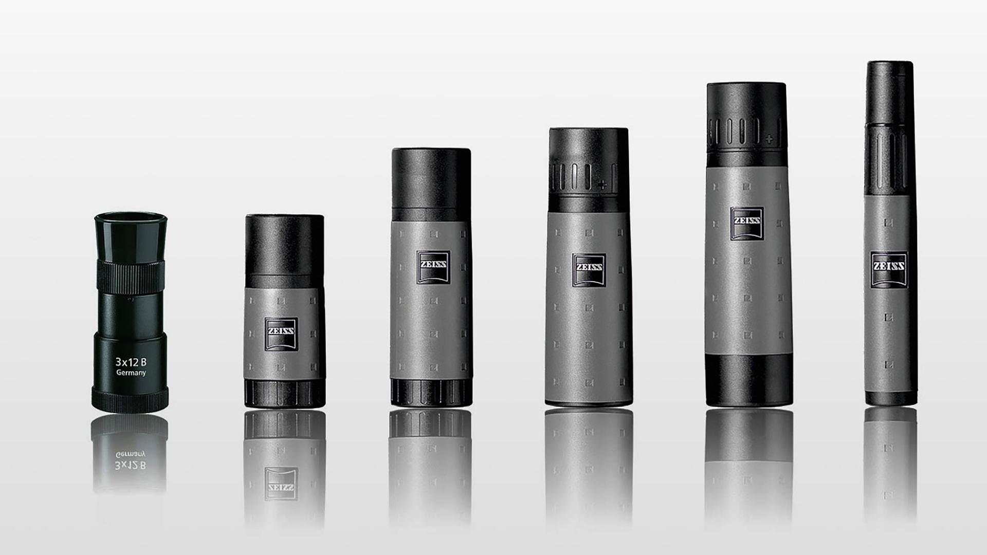 A lineup of high-quality ZEISS binoculars and monoculars, showcasing various sizes and models with sleek, modern designs