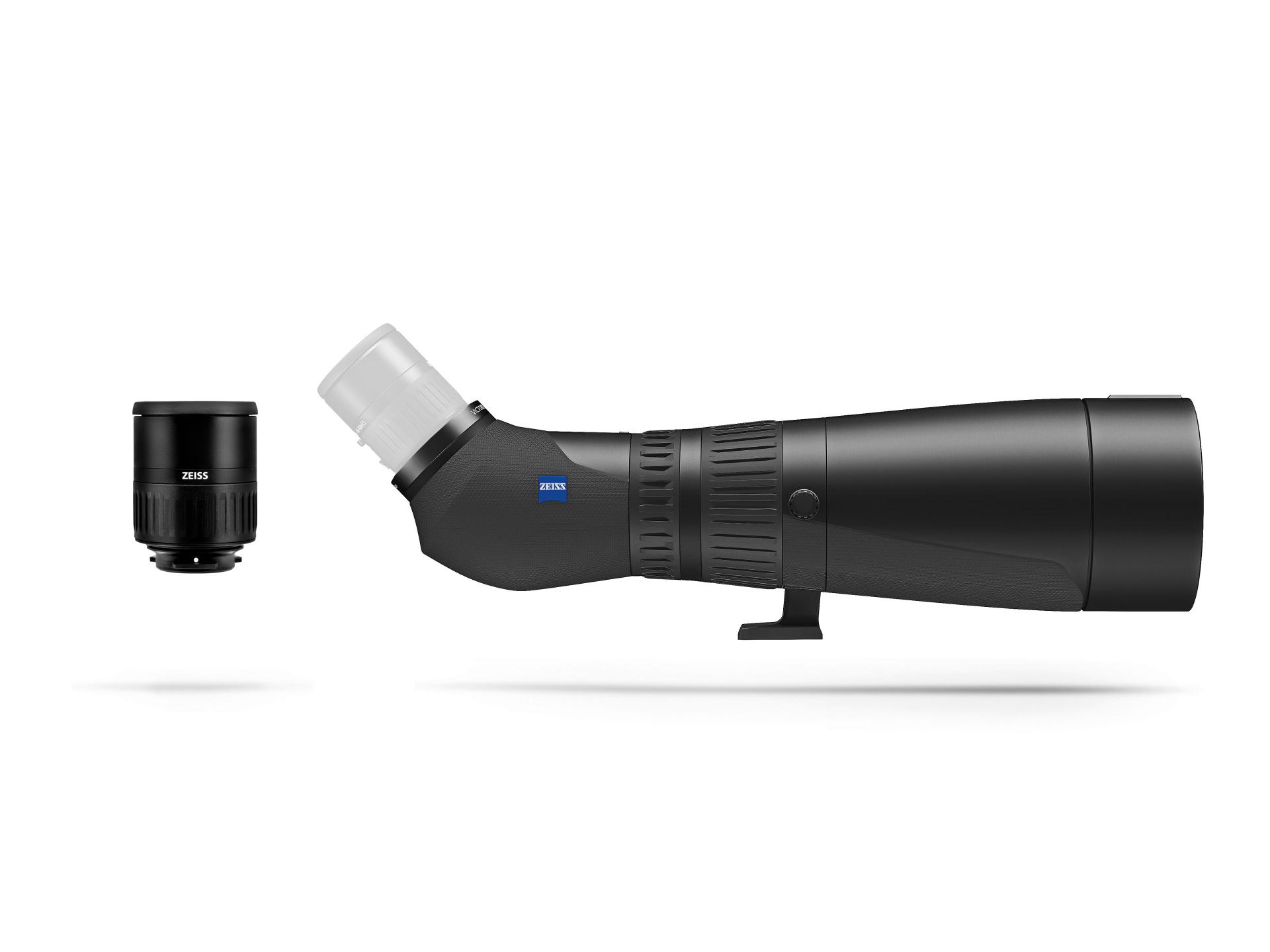 Side view of a black ZEISS spotting scope with a detachable eyepiece positioned to the left.