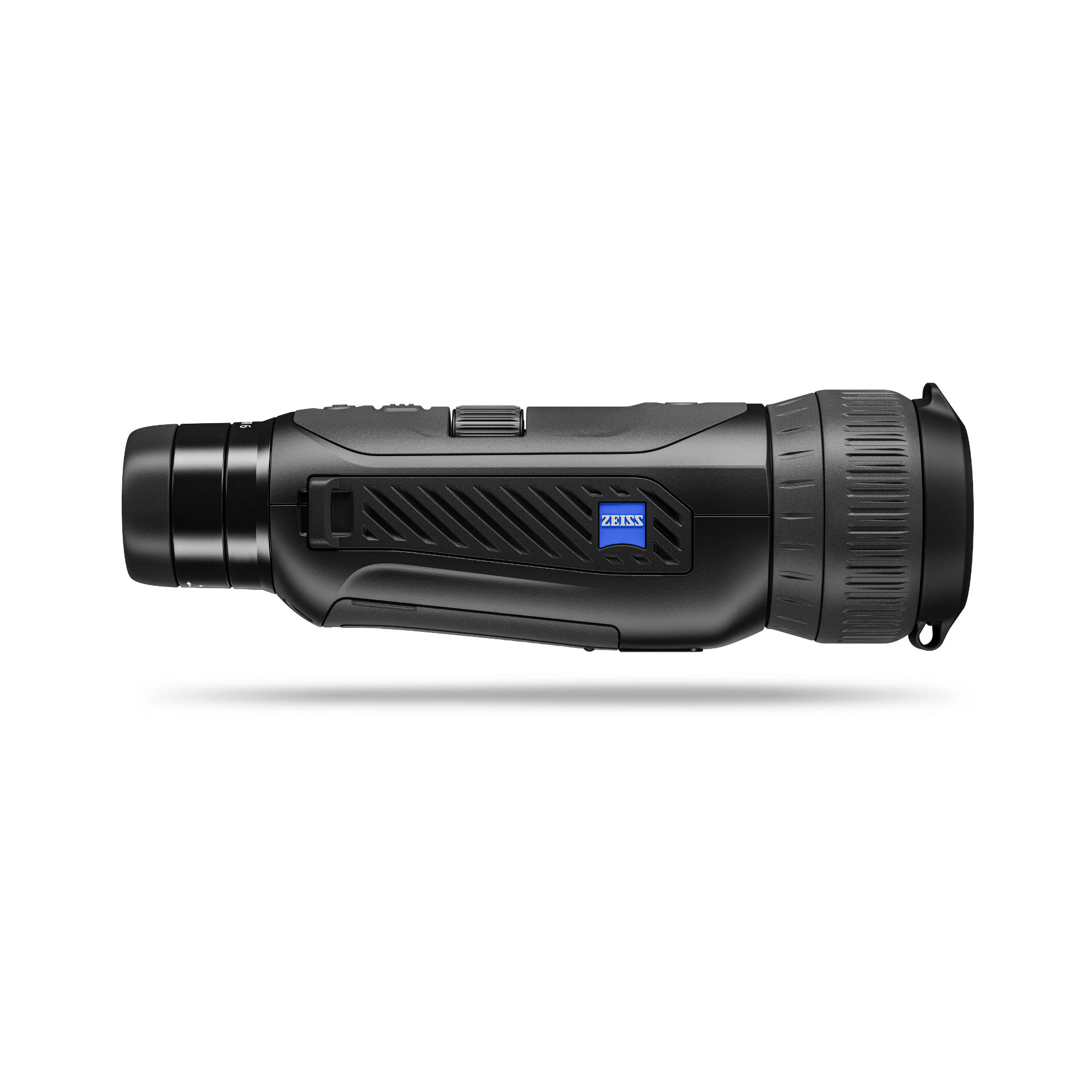Side view of a black ZEISS thermal imaging monocular with a textured grip and the ZEISS logo on the body.