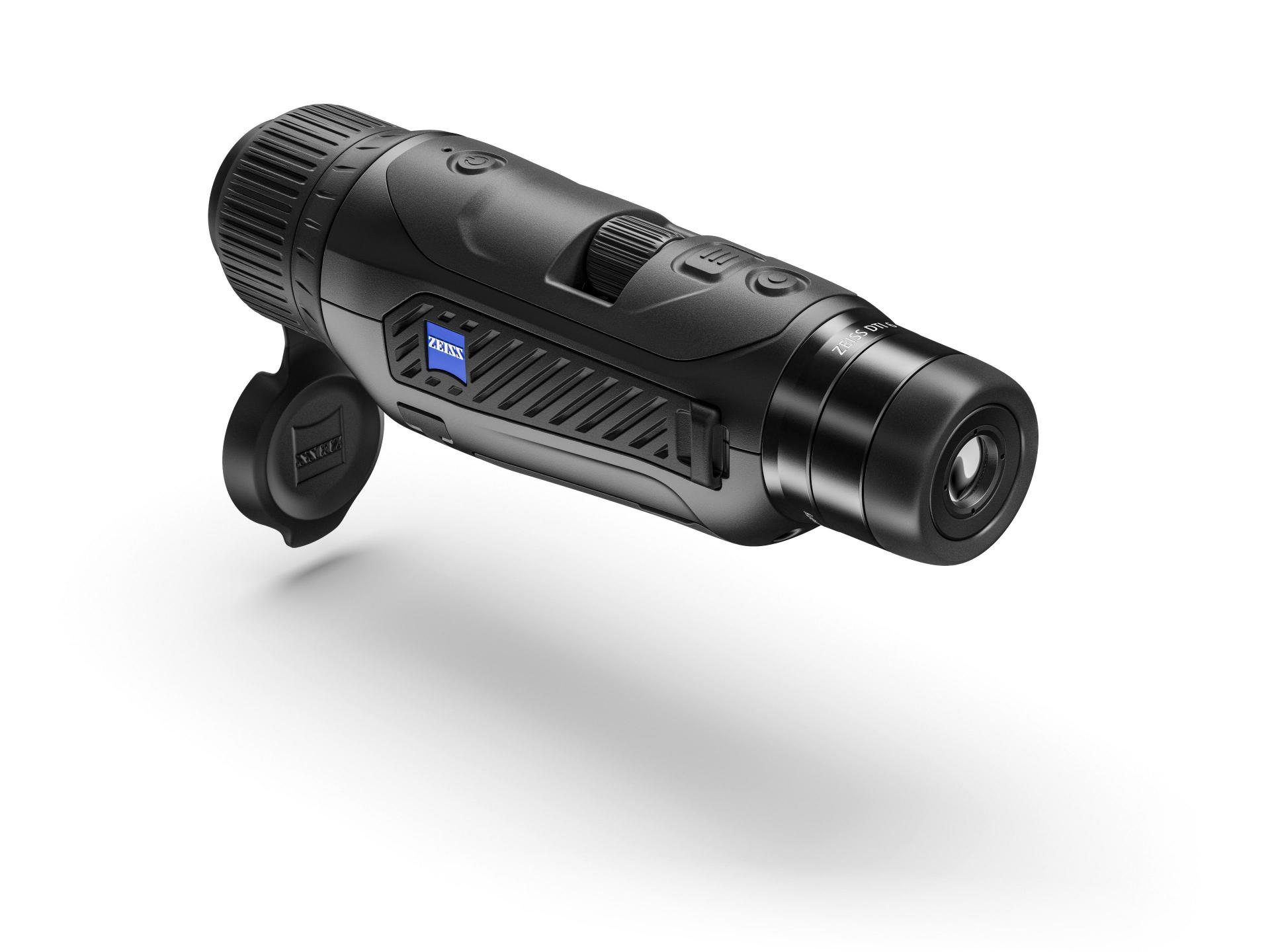 Compact black ZEISS thermal imaging monocular with textured grip, lens cover, and ZEISS logo on the side.