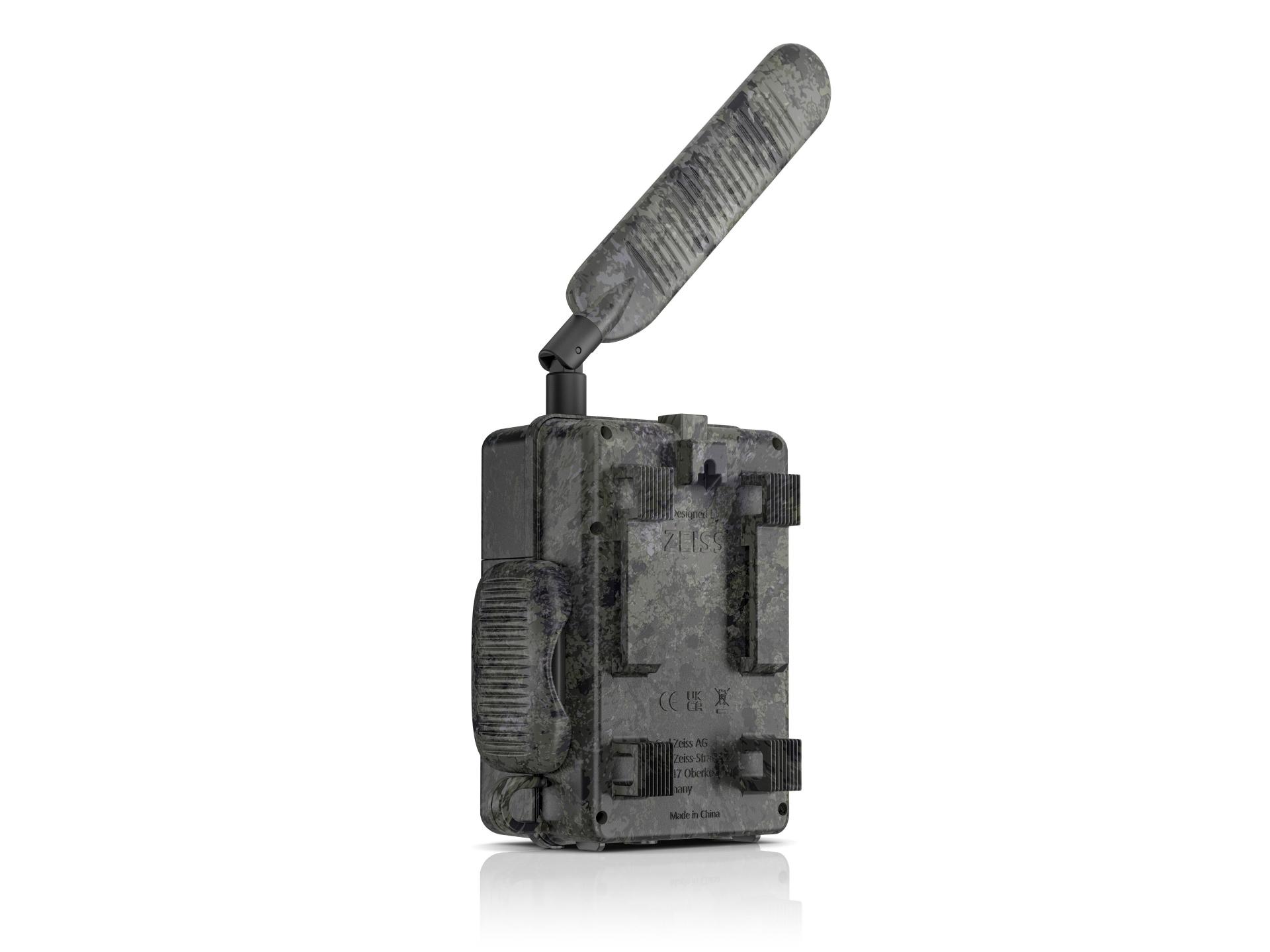 Rear view of a rugged, camouflaged ZEISS trail camera with an extended antenna.