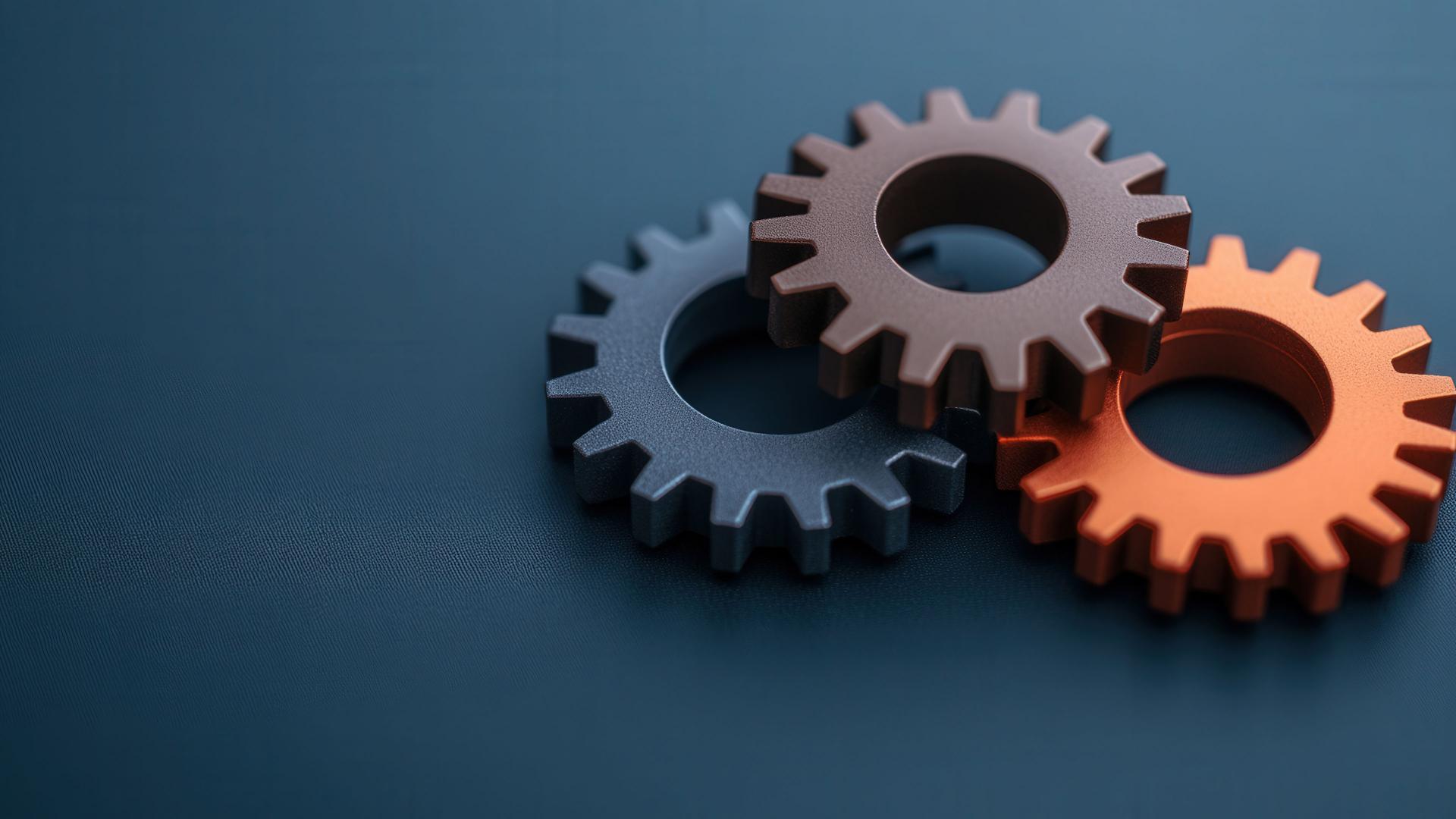 Precision-engineered metal gears in silver, bronze, and copper symbolize the innovative and reliable technology of ZEISS.