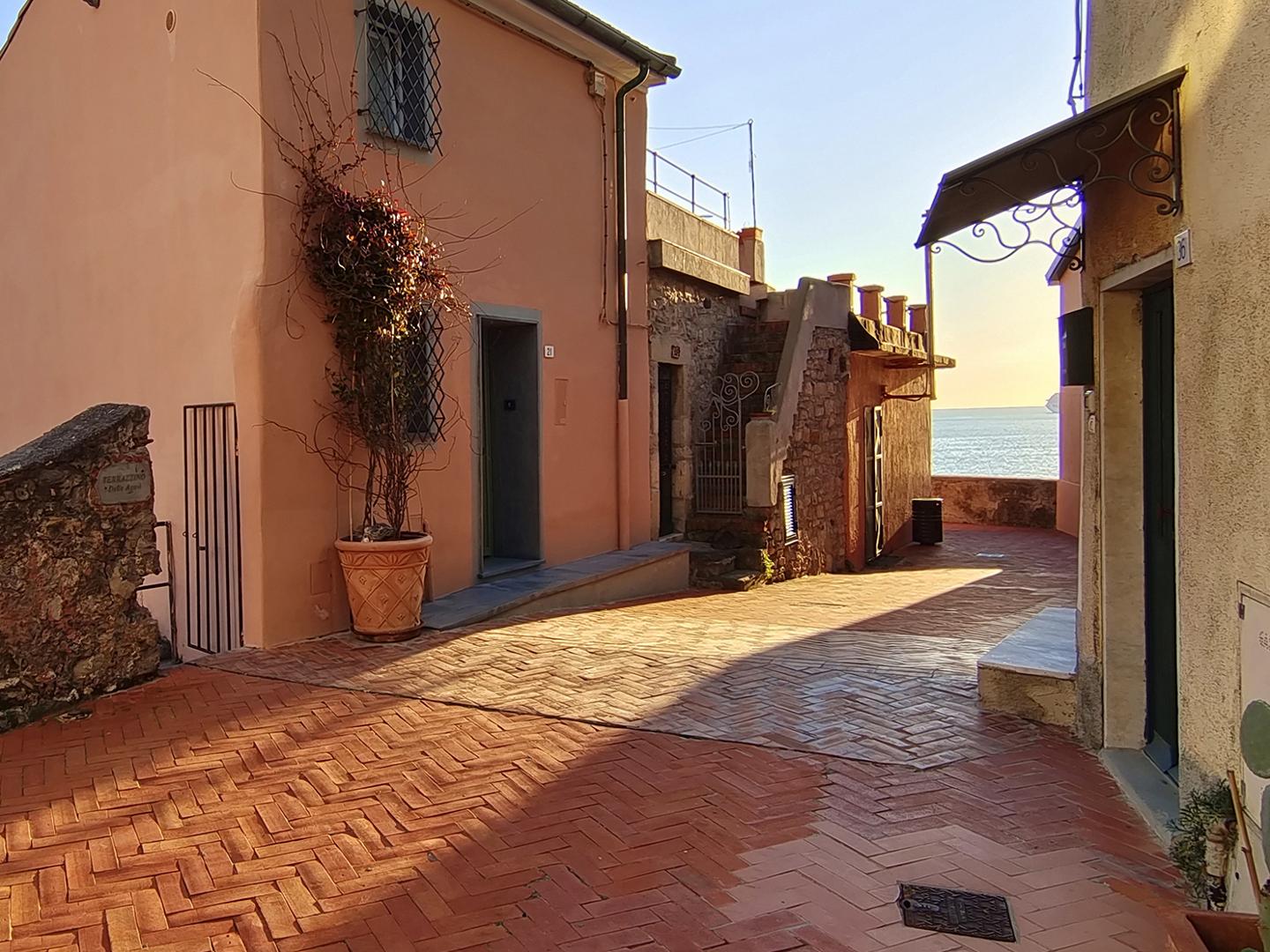 A sunlit cobblestone alley with pastel-colored buildings and a view of the sea in the distance, captured with sharp detail and vibrant colors, demonstrating ZEISS optical clarity.